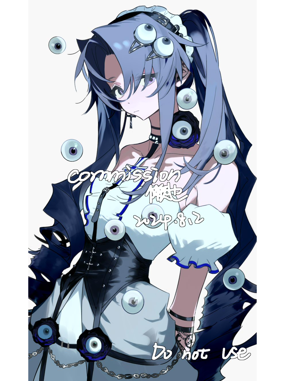 original, highres, variant set, 1girl, bare shoulders, black gloves, blue flower, blue hair, blue rose, chain, corset, detached sleeves, dress, drill hair, drill sidelocks, eyeball, eyeball hair ornament, flower, gloves, hair ornament, high ponytail, lanye11, long hair, parted bangs, ponytail, puffy sleeves, purple eyes, rose, short sleeves, side ponytail, sidelocks, solo, twintails
