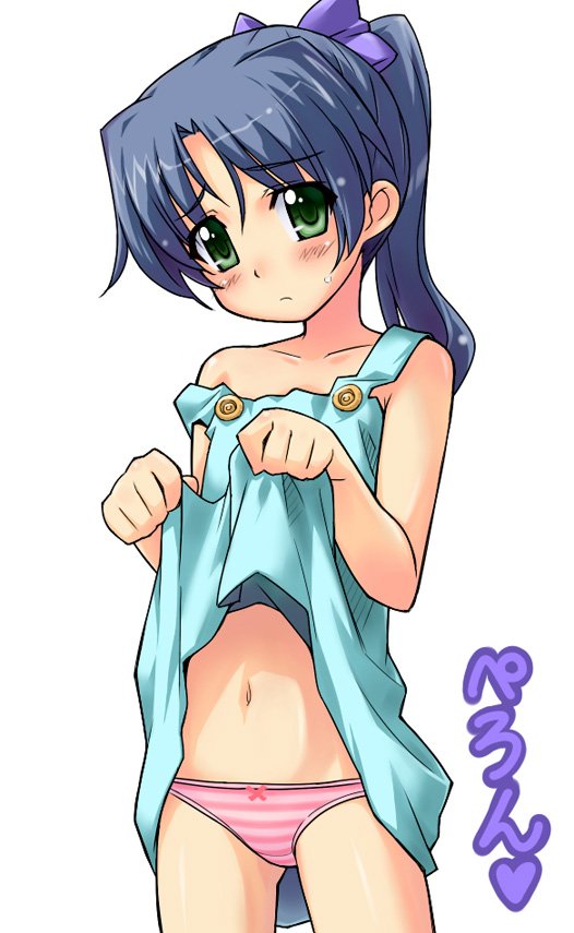 itoji, original, 1girl, clothes lift, female focus, loli, panties, ponytail, skirt, skirt lift, solo, striped clothes, striped panties, underwear