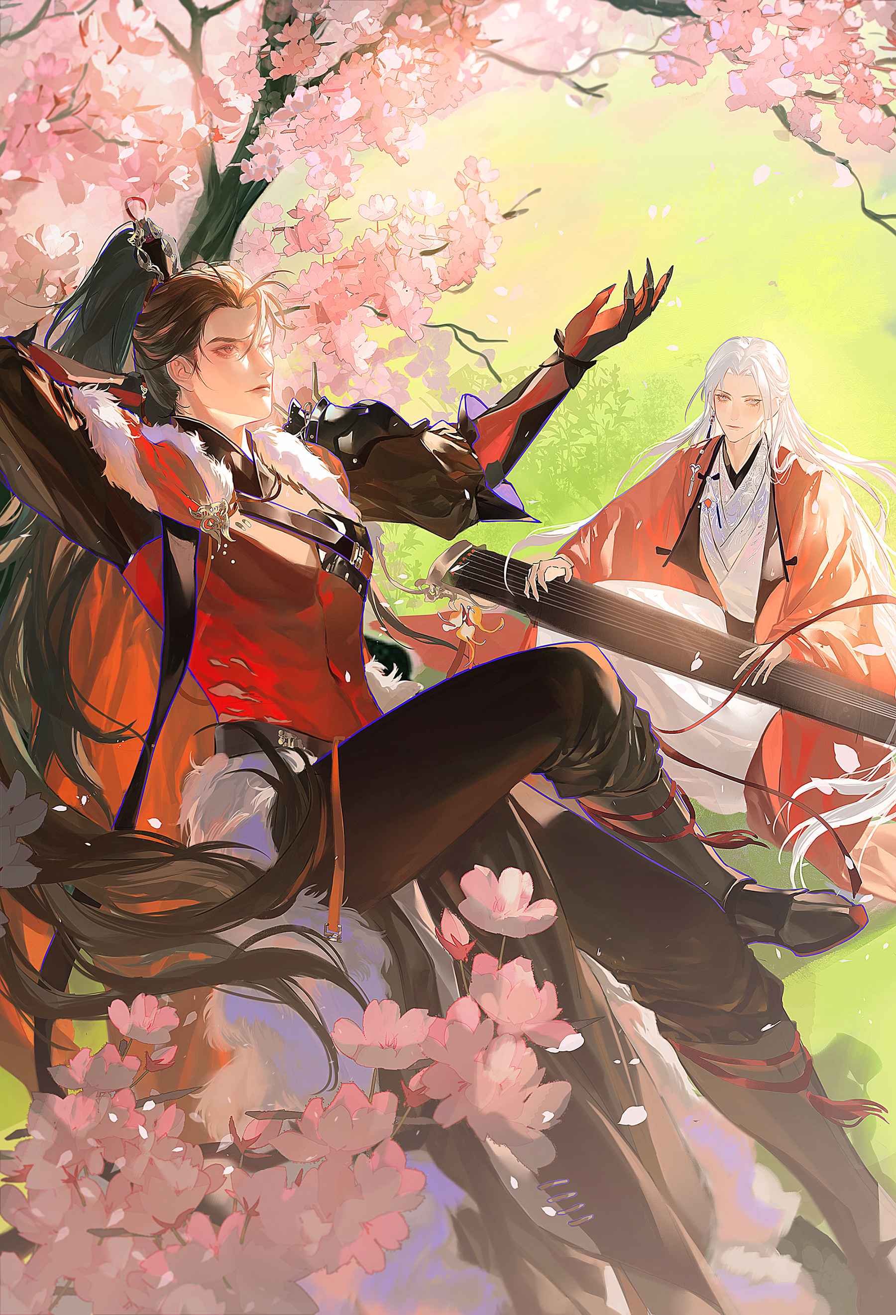 xu liang, absurdres, chinese commentary, highres, 2boys, arm behind head, belt, black belt, black boots, black pants, boots, brown hair, cape, cherry blossoms, chinese clothes, clawed gauntlets, closed mouth, coat, compression shirt, curtained hair, day, earrings, falling petals, flower, fur-trimmed cape, fur trim, gloves, guqin, hair pulled back, hand up, hanfu, high ponytail, in tree, instrument, instrument on lap, jewelry, knee boots, lapels, light smile, lips, long hair, long sleeves, lying, male focus, mandarin collar, mole, mole under eye, multiple boys, music, on back, on grass, open clothes, open coat, pants, parted bangs, pelvic curtain, petals, pink flower, playing instrument, ponytail, purple eyes, red cape, red coat, red eyes, red gloves, red shirt, robe, san huan xinzuo, shirt, single earring, sitting, sitting in tree, snow, tassel, three-quarter sleeves, tree, v-shaped eyebrows, very long hair, white hair, white hanfu, white robe, wide sleeves, xiao guan (headdress)