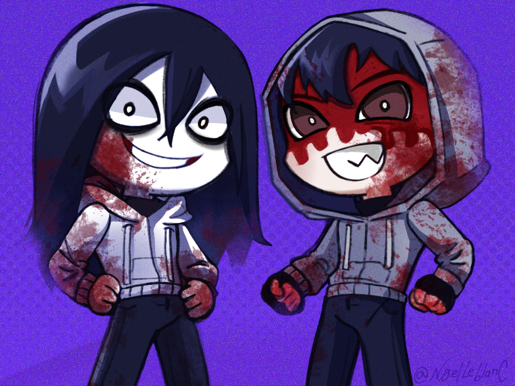 jeff the killer, simon henriksson, creepypasta, cry of fear, highres, 2boys, :d, bags under eyes, black gloves, black hair, blood, blood from forehead, blood in hair, blood on clothes, blood on face, blood on hands, bright pupils, brown eyes, chibi, chibi only, clenched hand, constricted pupils, crazy grin, crossed bangs, crossover, feet out of frame, fingerless gloves, genre connection, gloves, grey hoodie, hair between eyes, hand on own hip, hood, hood down, hood up, hoodie, long hair, looking at viewer, male focus, multiple boys, n0elleblanc, open mouth, purple background, sharp teeth, smile, standing, teeth, white hoodie, white pupils
