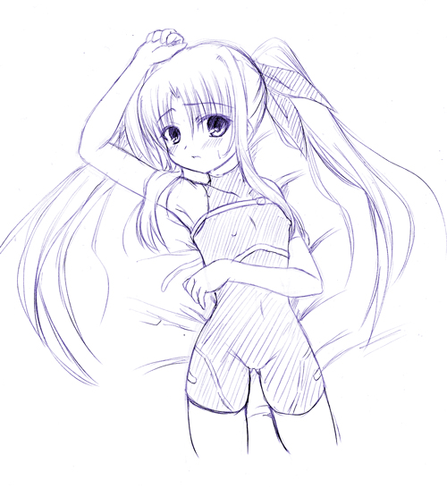 johnny (from scratch), fate testarossa, lyrical nanoha, mahou shoujo lyrical nanoha, mahou shoujo lyrical nanoha a's, 00s, 1girl, arm up, armpits, bare shoulders, bed, bed sheet, belt bra, blush, bodysuit, buckle, clenched hand, covered erect nipples, covered navel, cowboy shot, embarrassed, female focus, flat chest, from above, hair ribbon, halterneck, long hair, lying, magical girl, monochrome, on back, on bed, parted bangs, purple theme, raised eyebrows, ribbon, sidelocks, sketch, solo, sweatdrop, turtleneck, twintails, unitard, very long hair