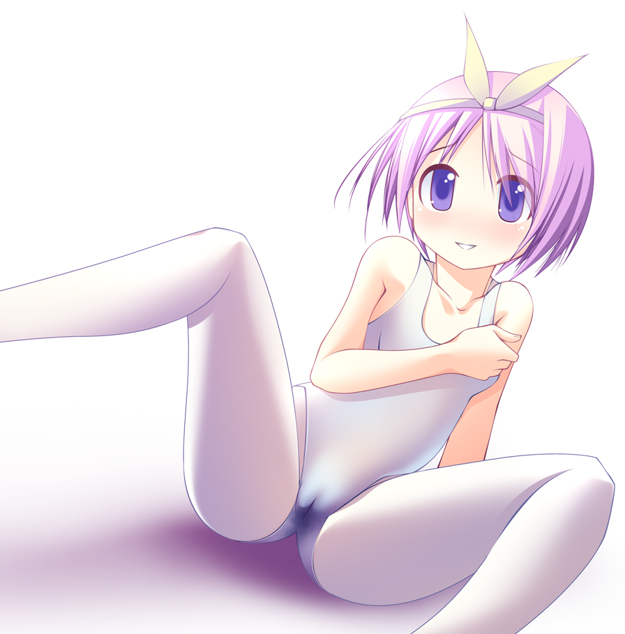 ahen, studio marimo, hiiragi tsukasa, lucky star, 00s, 1girl, blush, cameltoe, female focus, hair ornament, leotard, pantyhose, purple eyes, purple hair, short hair, sitting, smile, solo
