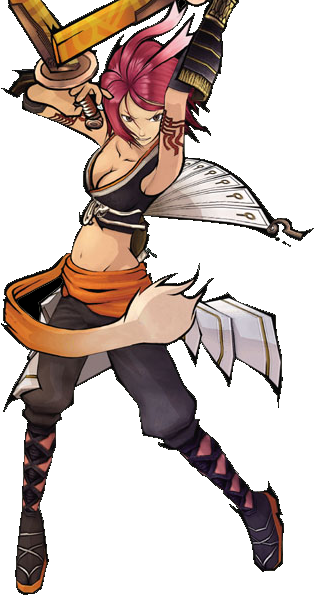 alkaid (.hack//), .hack//, .hack//g.u., bandai, cyber connect 2, 00s, 1girl, angry, antenna hair, armpits, breasts, cleavage, crop top, dual wielding, female focus, holding, large breasts, midriff, pink hair, solo, sword, tattoo, weapon