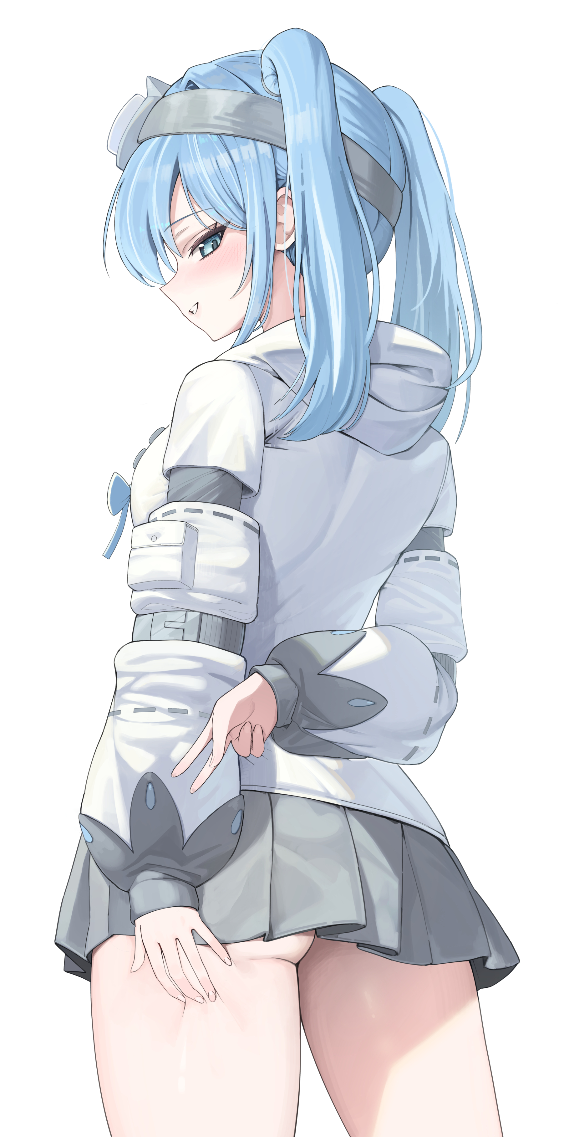 pipi ya, arahashi tabi, stellive, absurdres, commentary request, highres, 1girl, arm behind back, ass, blush, cowboy shot, from behind, goggles, goggles on head, grey skirt, hood, hood down, hooded jacket, jacket, long hair, long sleeves, looking at viewer, looking back, miniskirt, pleated skirt, puffy long sleeves, puffy sleeves, sideways glance, simple background, skirt, smile, solo, thighs, twintails, v, virtual youtuber, white background, white jacket