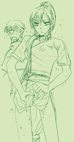 hector (fire emblem), lyn (fire emblem), fire emblem, fire emblem: the blazing blade, nintendo, lowres, 1boy, 1girl, blush, contrapposto, cowboy shot, green theme, loincloth, long hair, monochrome, ponytail, short sleeves, standing, surprised, sweatdrop, wet