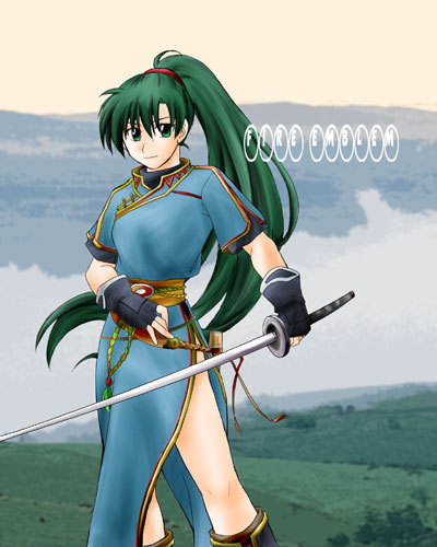 lyn (fire emblem), fire emblem, fire emblem: the blazing blade, nintendo, lowres, 1girl, boots, female focus, field, fingerless gloves, gloves, green eyes, green hair, high ponytail, katana, long hair, matching hair/eyes, pelvic curtain, ponytail, side slit, solo, sword, very long hair, weapon