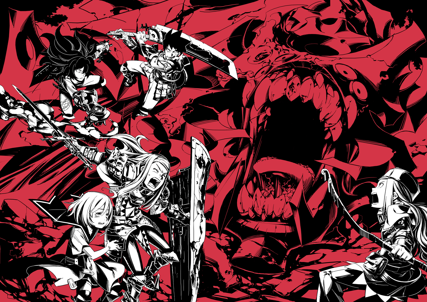 himukai yuuji, alchemist (sekaiju), alchemist 1 (sekaiju), medic (sekaiju), medic 2 (sekaiju), paladin (sekaiju), paladin 2 (sekaiju), ranger (sekaiju), ranger 1 (sekaiju), swordsman (sekaiju), swordsman 1 (sekaiju), atlus, etrian odyssey, 2boys, 3girls, age difference, angry, armor, battle, belt, belt pouch, bow (weapon), child, clenched teeth, closed eyes, everyone, extra eyes, fangs, fantasy, fighting stance, flat chest, frown, gauntlets, greaves, hair over one eye, hat, long hair, monochrome, monster, multiple boys, multiple girls, open mouth, pouch, profile, sailor collar, scared, shield, short hair, sidelocks, spiked hair, spot color, spread legs, standing, sweatdrop, sword, tears, teeth, weapon