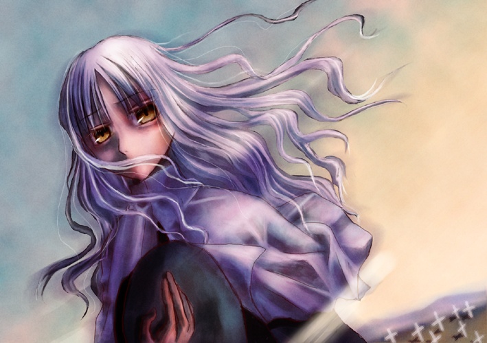 caren hortensia, fate/stay night, fate (series), silver hair, 00s, 1girl, cloud, cloudy sky, day, dutch angle, expressionless, female focus, floating hair, light rays, long hair, looking at viewer, outdoors, shaded face, sky, solo, sunlight, upper body, wind, yellow eyes