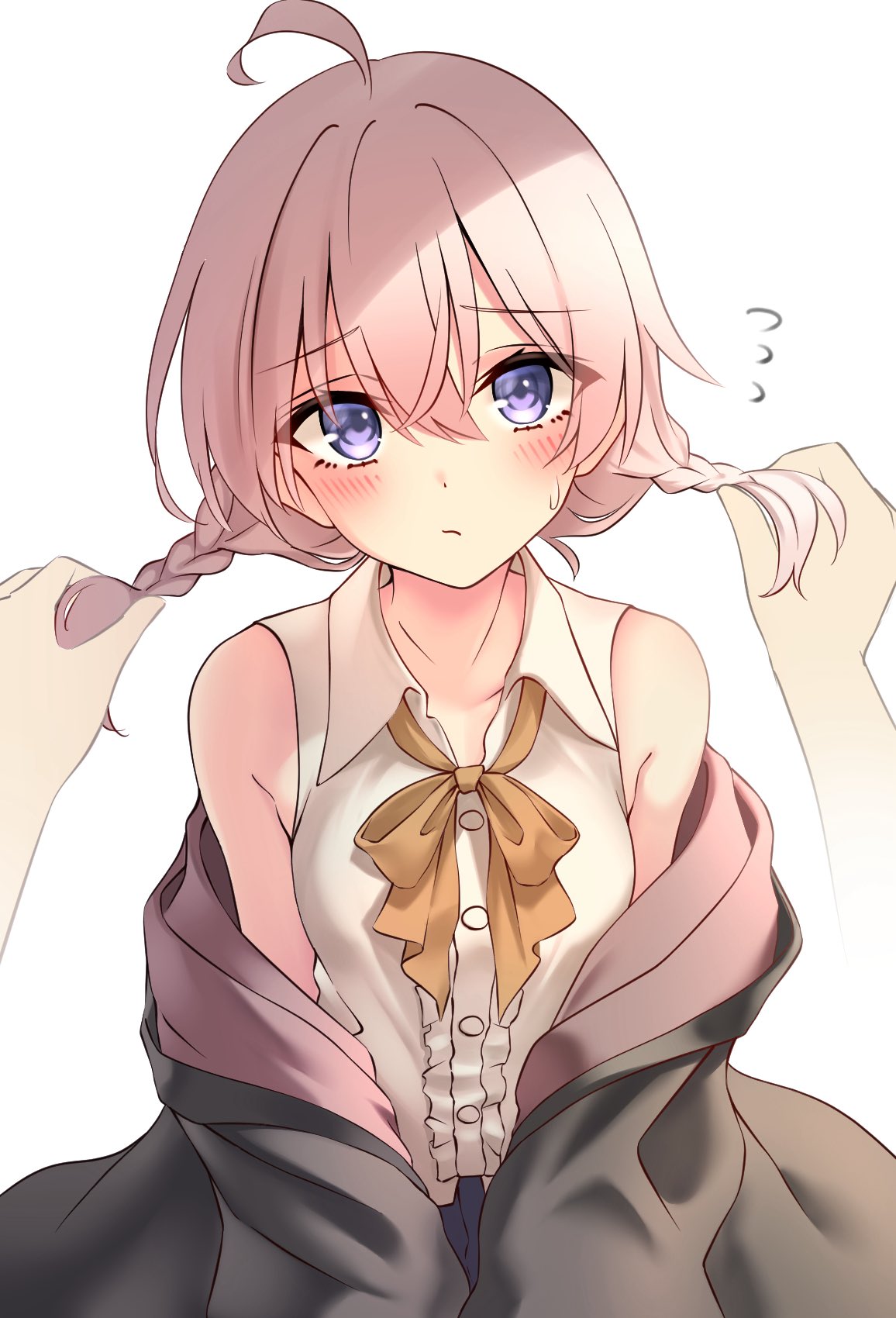 elaina (majo no tabitabi), majo no tabitabi, highres, ahoge, black robe, blush, bow, bowtie, braid, broom, dress, grey hair, holding another's hair, looking at viewer, open clothes, open robe, purple eyes, ribbon, robe, twin braids, twintails, white dress, yellow bow, yellow bowtie, yellow ribbon, yu nmnu