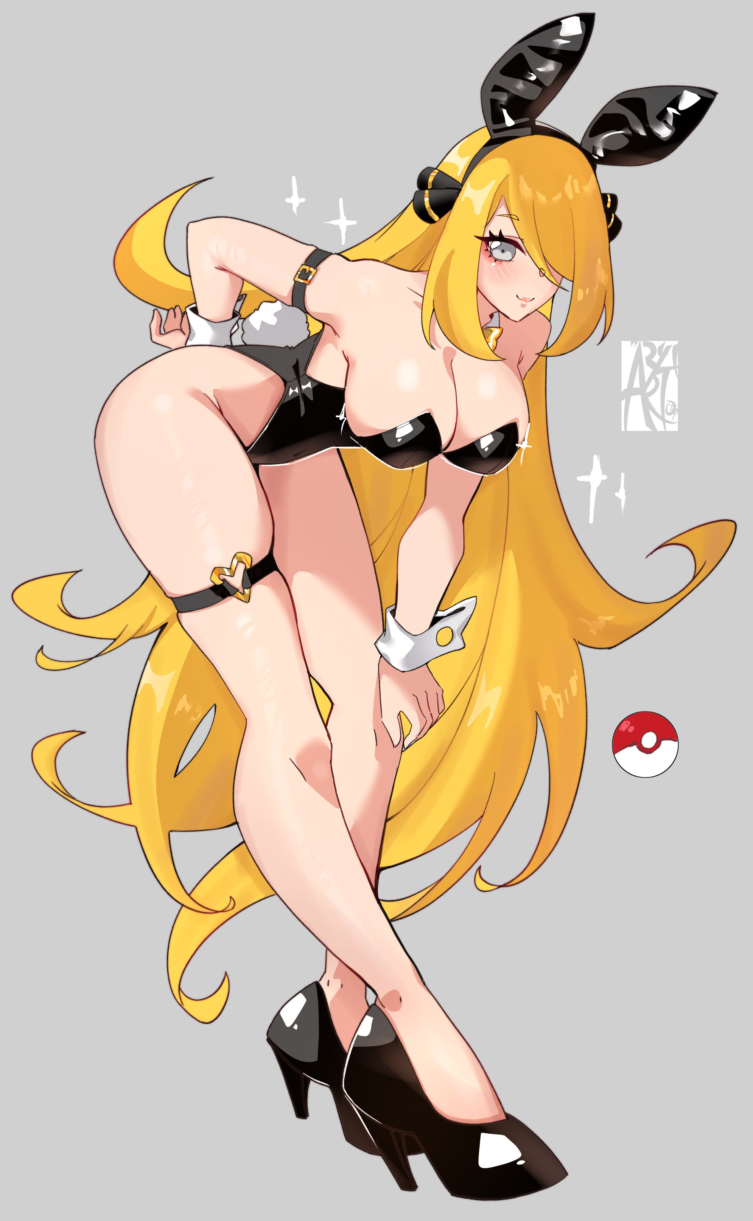 aryi077, cynthia (pokemon), nintendo, pokemon, pokemon dppt, absurdres, highres, 1girl, animal ears, arm strap, bare shoulders, black leotard, black shoes, blonde hair, blush, breasts, cleavage, collarbone, detached collar, fake animal ears, fake tail, full body, gold bowtie, grey background, grey eyes, groin, hair over one eye, high heels, highleg, highleg leotard, kneeling, large breasts, leotard, long hair, looking at viewer, o-ring, o-ring thigh strap, rabbit ears, rabbit tail, shoes, skindentation, smile, solo, strapless, strapless leotard, tail, thigh strap, thighs, very long hair, wrist cuffs