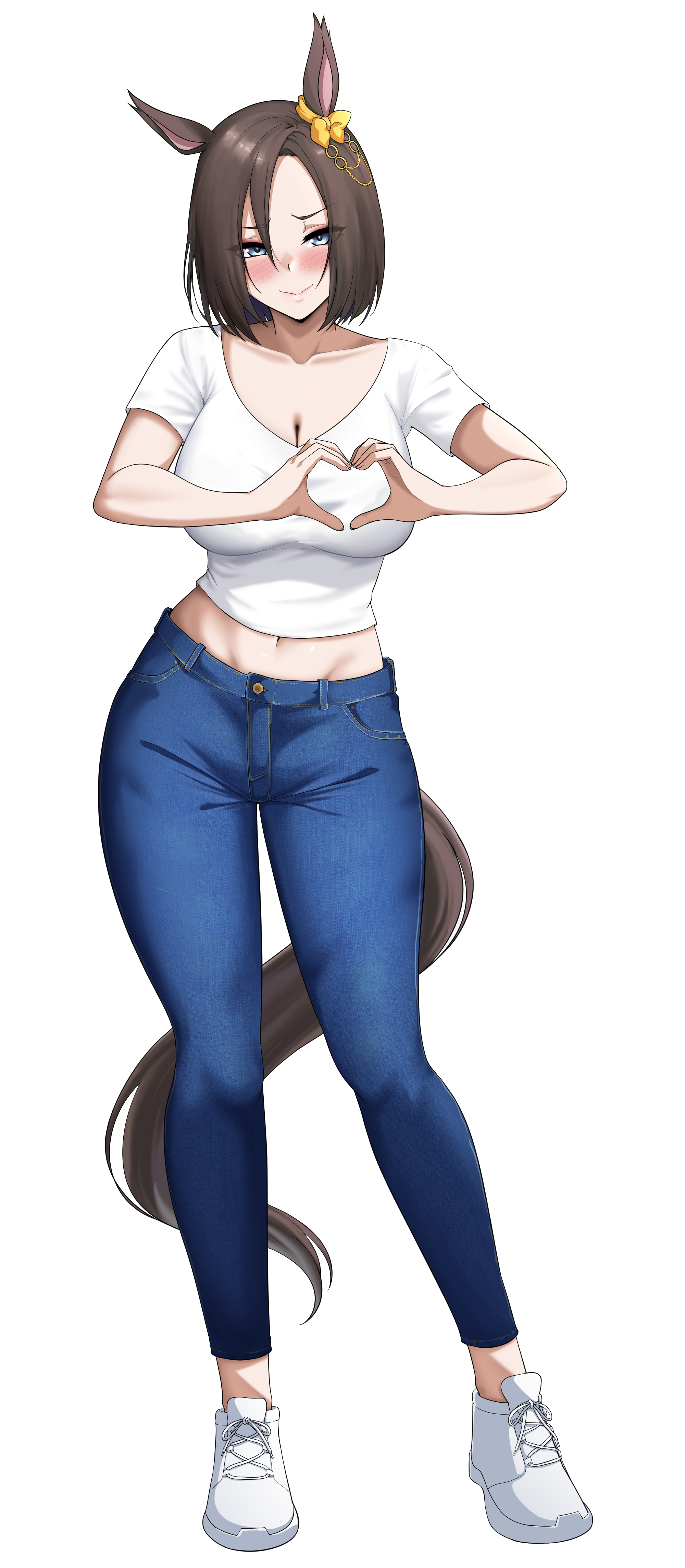inazuma (57587842), air groove (umamusume), umamusume, absurdres, highres, 1girl, animal ears, blue pants, breasts, brown hair, closed mouth, denim, full body, heart, heart hands, horse ears, horse girl, horse tail, jeans, midriff, navel, pants, shirt, shoes, short hair, short sleeves, simple background, smile, sneakers, solo, standing, stomach, t-shirt, tail, white background, white shirt, white shoes