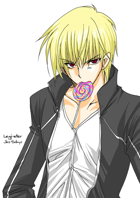 gilgamesh (fate), gilgamesh (immoral biker jacket) (fate), fate/stay night, fate (series), 00s, 1boy, blonde hair, candy, casual, food, lollipop, male focus, official alternate costume, simple background, solo, swirl lollipop
