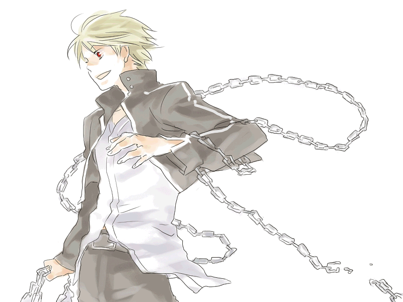 gilgamesh (fate), gilgamesh (immoral biker jacket) (fate), fate/stay night, fate (series), 00s, 1boy, blonde hair, casual, chain, male focus, official alternate costume, red eyes, simple background, smile, solo