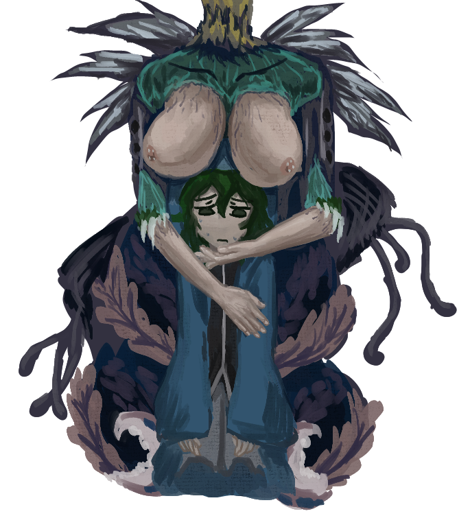 wuruuuu1, shitodo aoji, len'en, uncomfortable, tagme, bb1111122223333, breasts, eldritch abomination, green eyes, green hair, horror (theme), large breasts, monster, scared