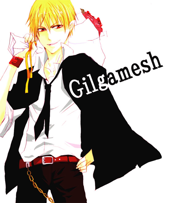 gilgamesh (fate), fate/stay night, fate (series), 00s, 1boy, blonde hair, chain, character name, formal clothes, male focus, necktie, red eyes, shirt, smile, solo, white shirt
