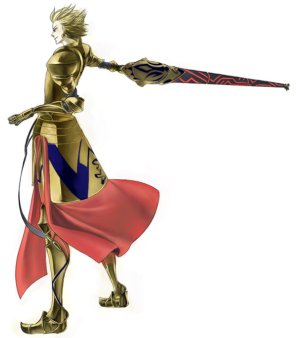 ghana (loop), ea (fate), gilgamesh (fate), fate/stay night, fate (series), bad id, bad pixiv id, 00s, 1boy, armor, artistic error, blonde hair, drill, earrings, jewelry, male focus, red eyes, short hair, smirk, solo, sword, weapon