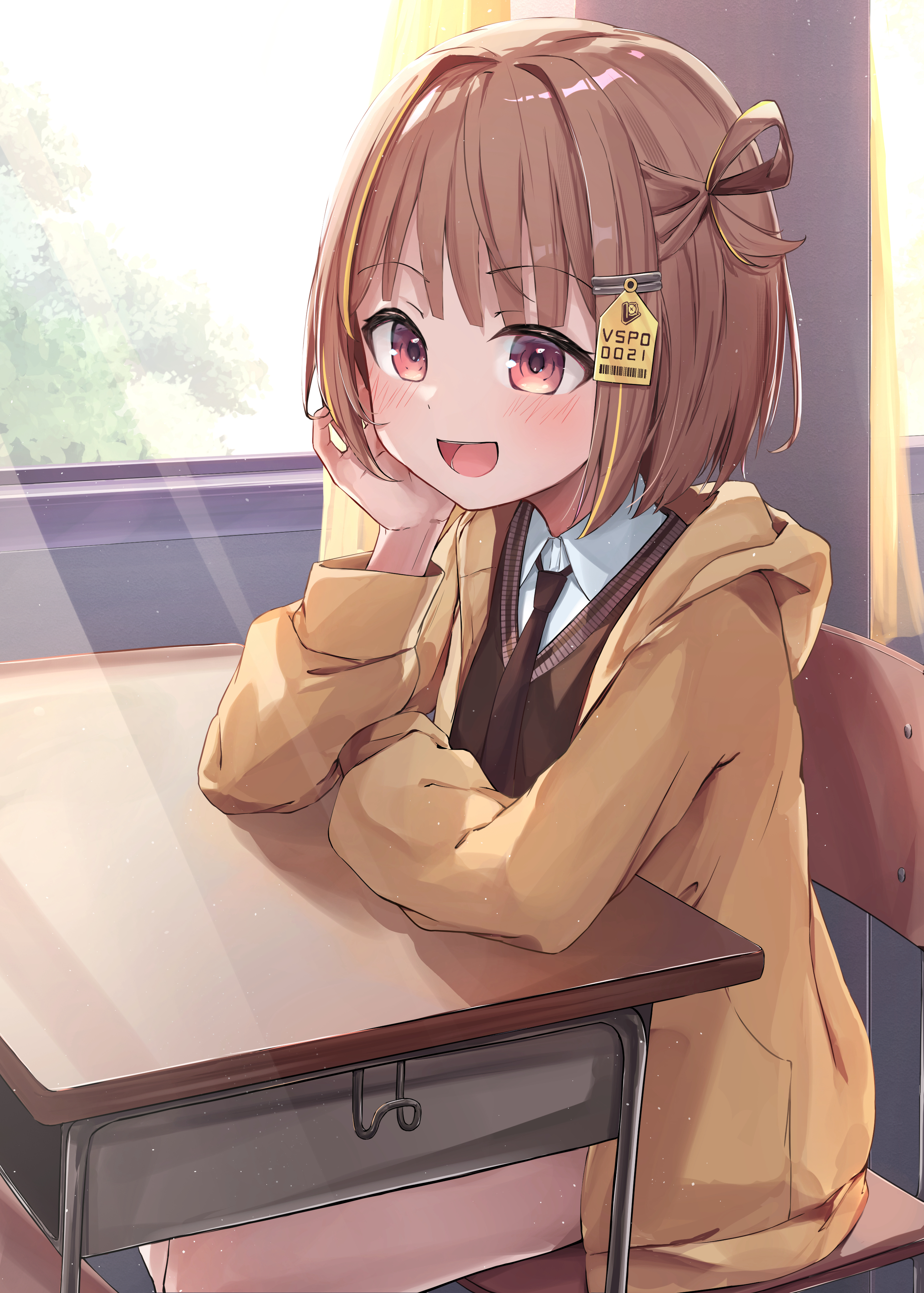 sakahana, sendo yuuhi, sendo yuuhi (1st costume), vspo!, absurdres, highres, 1girl, :d, blush, brown necktie, brown sweater vest, chair, classroom, collared shirt, desk, hair ornament, hair rings, hands on table, head rest, hood, hood down, hooded jacket, indoors, jacket, looking at viewer, necktie, on chair, open mouth, orange eyes, school chair, school desk, shirt, short hair, single hair ring, sitting, smile, solo, sweater vest, virtual youtuber, white shirt, window, yellow jacket