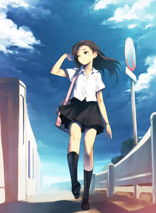 kawata hisashi, original, 1girl, bar (place), breasts, brown eyes, brown hair, cloud, day, female focus, long hair, one eye closed, pole, road sign, school uniform, serafuku, sign, skirt, sky, small breasts, socks, solo, standing, walking, wind, wink, wristband