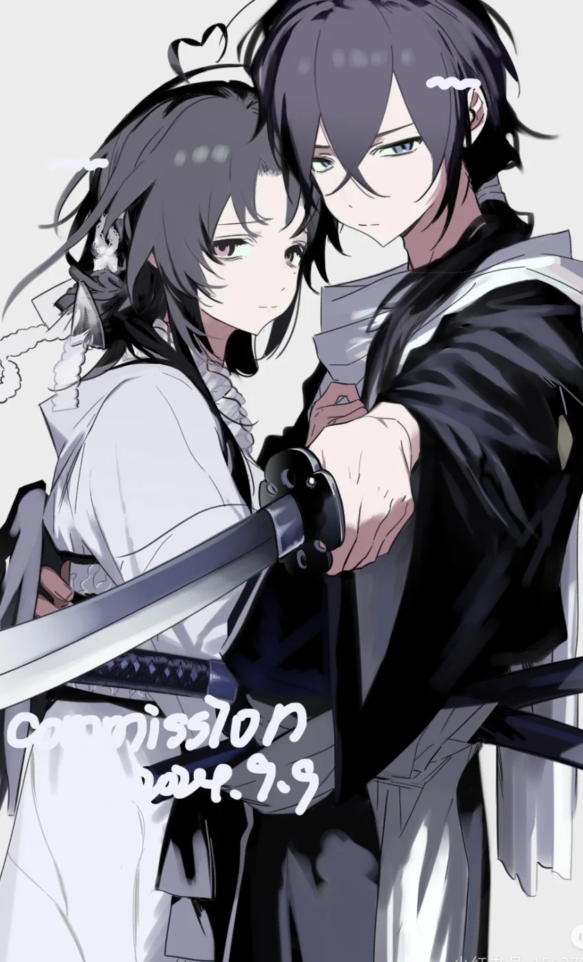 saitou hajime (hakuouki), hakuouki shinsengumi kitan, original, highres, 1boy, 1girl, ahoge, black hair, blue eyes, crossover, grey background, hair between eyes, heart, heart ahoge, holding, holding sword, holding weapon, hug, japanese clothes, katana, lanye11, long hair, long sleeves, looking at viewer, parted bangs, red eyes, short hair, simple background, sword, weapon, wide sleeves