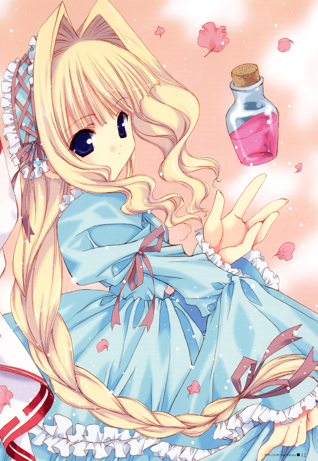 nanase aoi, alice's adventures in wonderland, kishou seireiki, seven colors of the wind, artbook, highres, blonde hair, bow, braid, dress, frills, hair bow, hair intakes, hairband, petals, potion, skirt hold, solo