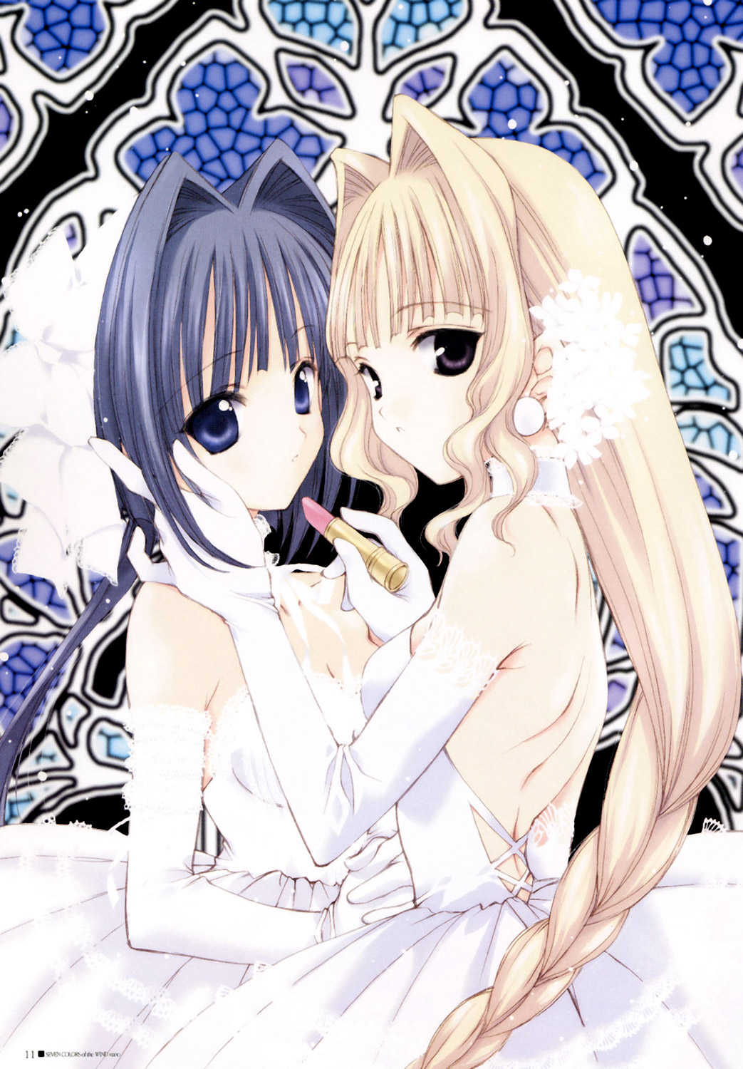 nanase aoi, kishou seireiki, seven colors of the wind, artbook, highres, applying lipstick, applying makeup, backless dress, backless outfit, braid, bride, detached collar, dress, earrings, elbow gloves, gloves, hair intakes, jewelry, lace, lipstick, makeup, ponytail, wedding dress