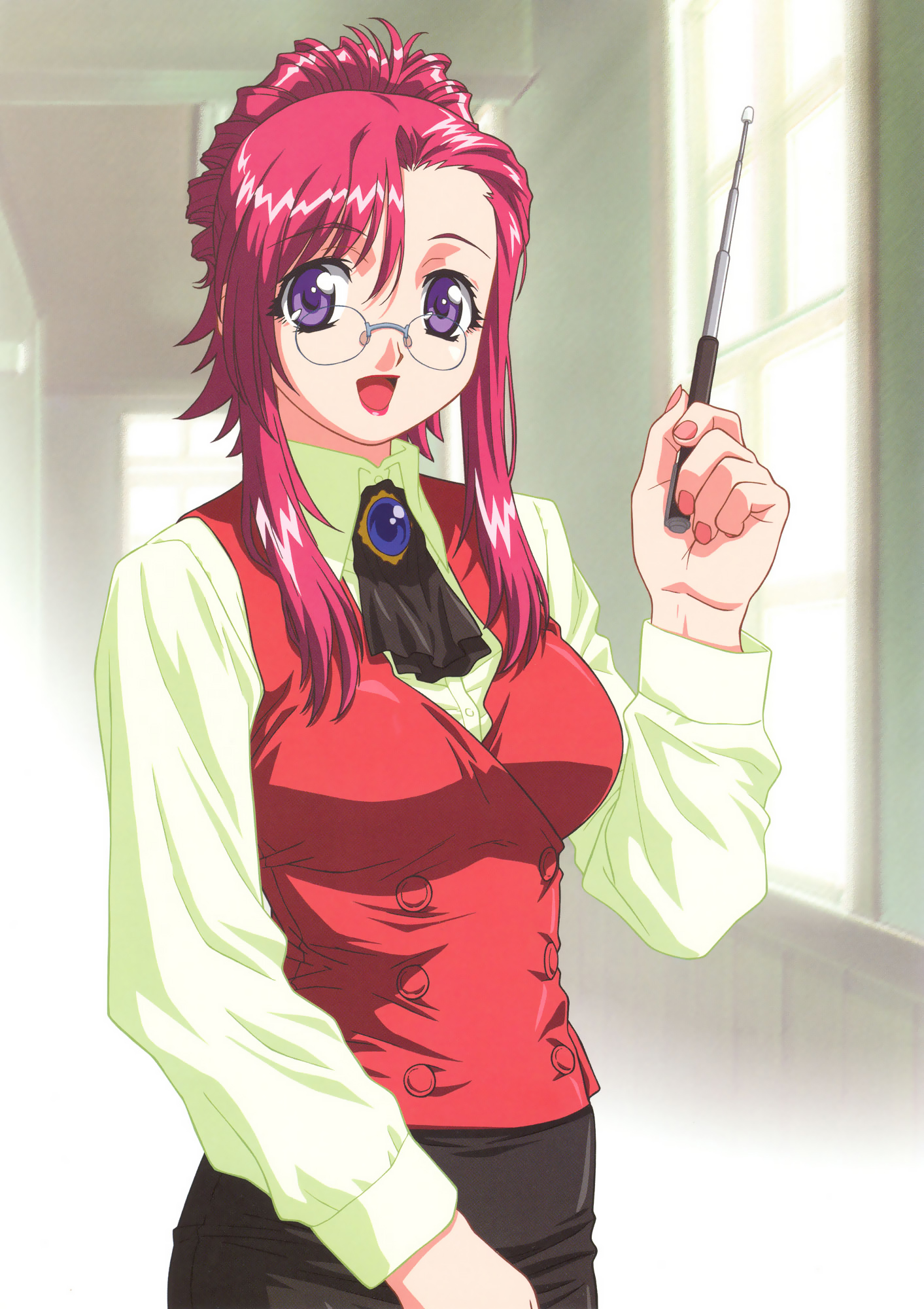 gouda hiroaki, hayashiya shizuru, kazami mizuho, onegai teacher, highres, scan, 00s, 1girl, :q, ascot, breasts, brooch, drill hair, female focus, glasses, hair up, happy, jewelry, large breasts, lipstick, long hair, makeup, pencil skirt, pince-nez, pink hair, pointer, purple eyes, school uniform, serafuku, skirt, smile, solo, standing, teacher, tongue, tongue out, vest, wand, window