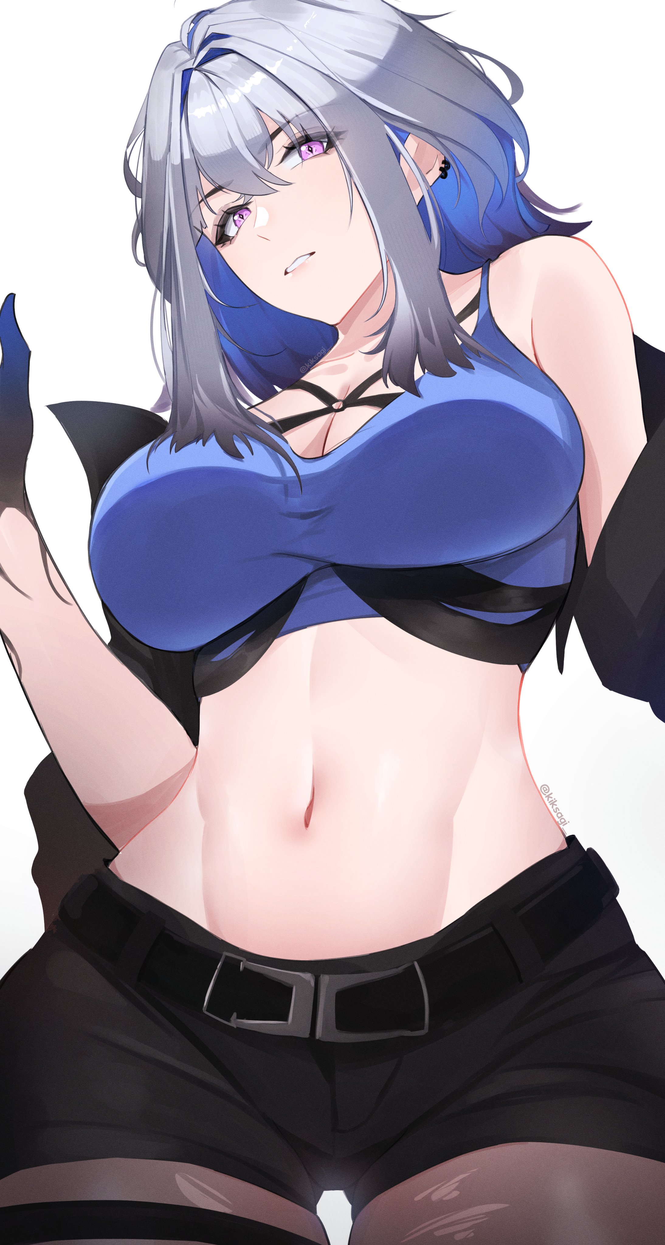 kisagii, galbrena (wuthering waves), wuthering waves, absurdres, highres, 1girl, black jacket, black pantyhose, black shorts, blue bra, blue hair, bra, breasts, collarbone, earrings, grey hair, hair between eyes, jacket, jewelry, large breasts, looking at viewer, medium hair, navel, pantyhose, piercing, purple eyes, short shorts, shorts, simple background, solo, stomach, thigh strap, underwear