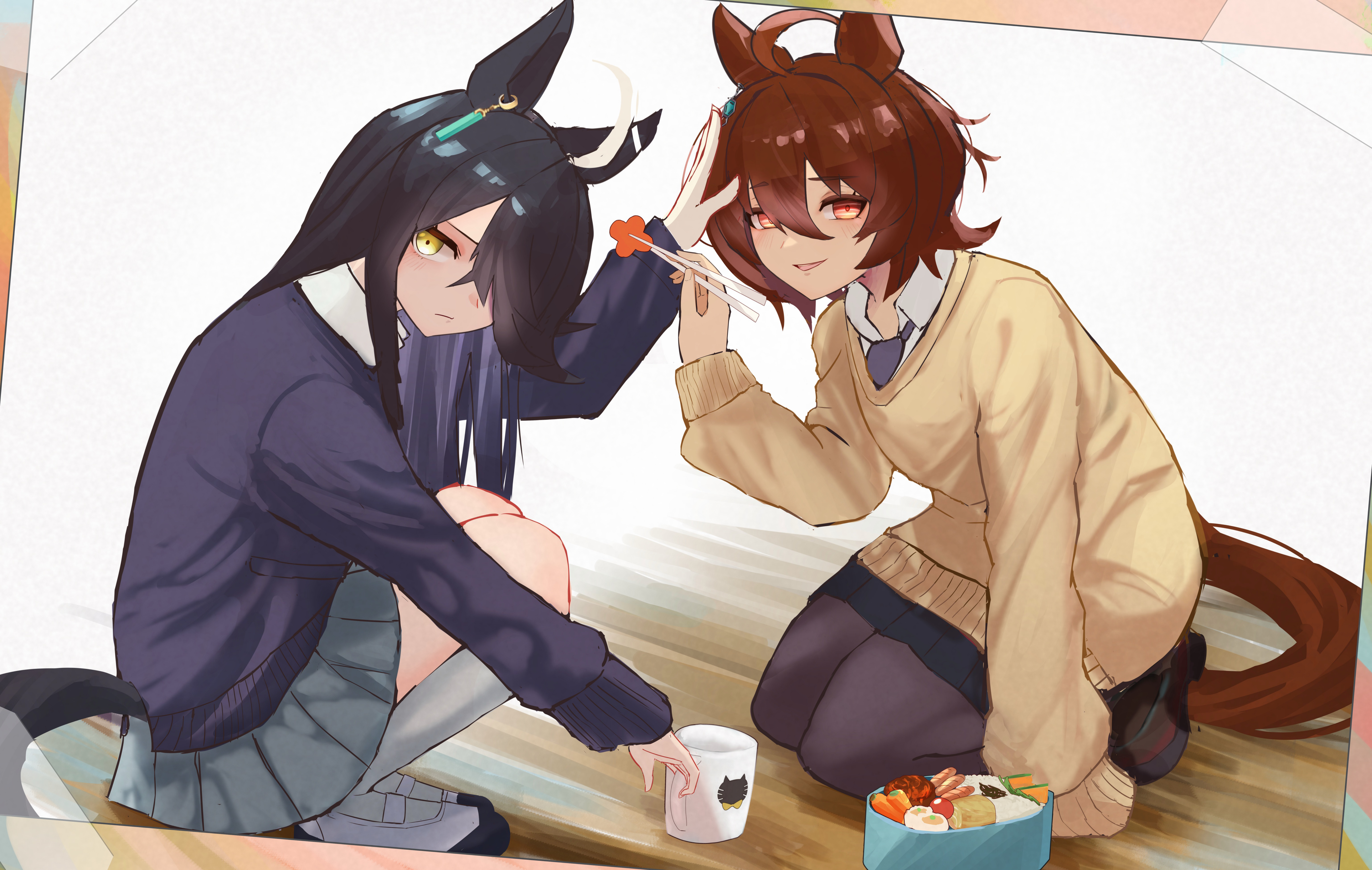rakasei5050, agnes tachyon (umamusume), manhattan cafe (umamusume), umamusume, absurdres, food request, highres, 2girls, ahoge, animal ears, animal print, bento, black hair, black pantyhose, black skirt, blue necktie, blue sweater, brown hair, brown shoes, cat print, chemical structure, chopsticks, closed mouth, collared shirt, cup, ear ornament, ear tag, earrings, food, frown, grey skirt, grey socks, hair between eyes, hair over one eye, holding, holding chopsticks, holding food, horse ears, horse girl, horse tail, incoming food, jewelry, kneeling, long bangs, long hair, long sleeves, looking at viewer, medium hair, mug, multicolored hair, multiple girls, necktie, pantyhose, parted lips, pleated skirt, red eyes, rejection, shirt, shoes, single earring, skirt, smile, socks, squatting, sweater, tail, very long hair, white hair, white shirt, white shoes, yellow eyes, yellow sweater, yuri