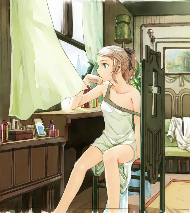 kimura daisuke, original, bad id, bad pixiv id, 1girl, chair, curtains, female focus, floating curtains, head rest, legs, lingerie, nightgown, off shoulder, on chair, slice of life, solo, underwear, wind, window