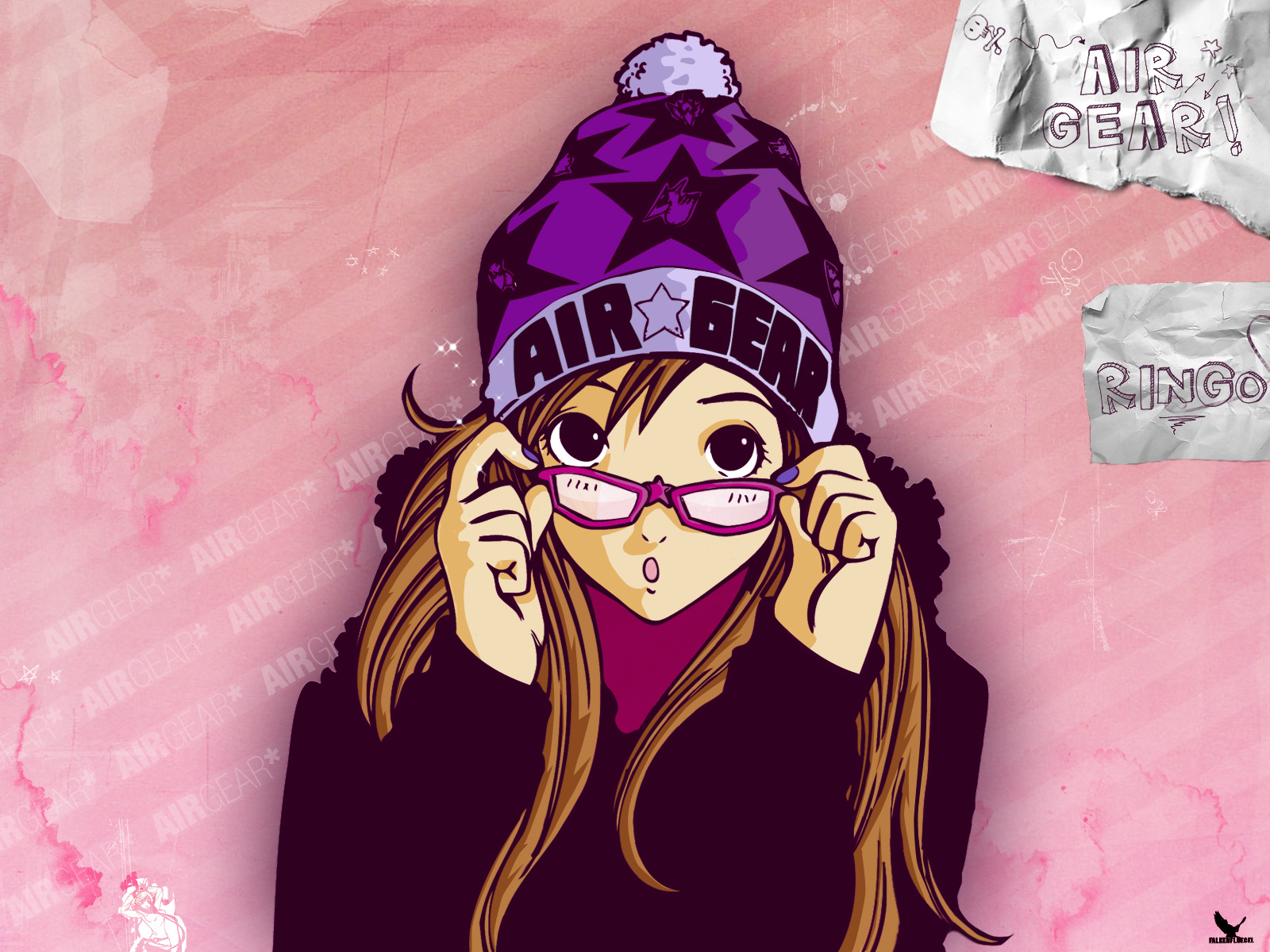 oogure ito, noyamano ringo, air gear, highres, 00s, adjusting eyewear, beanie, character name, copyright name, glasses, hat, pink background, pom pom (clothes), portrait, solo