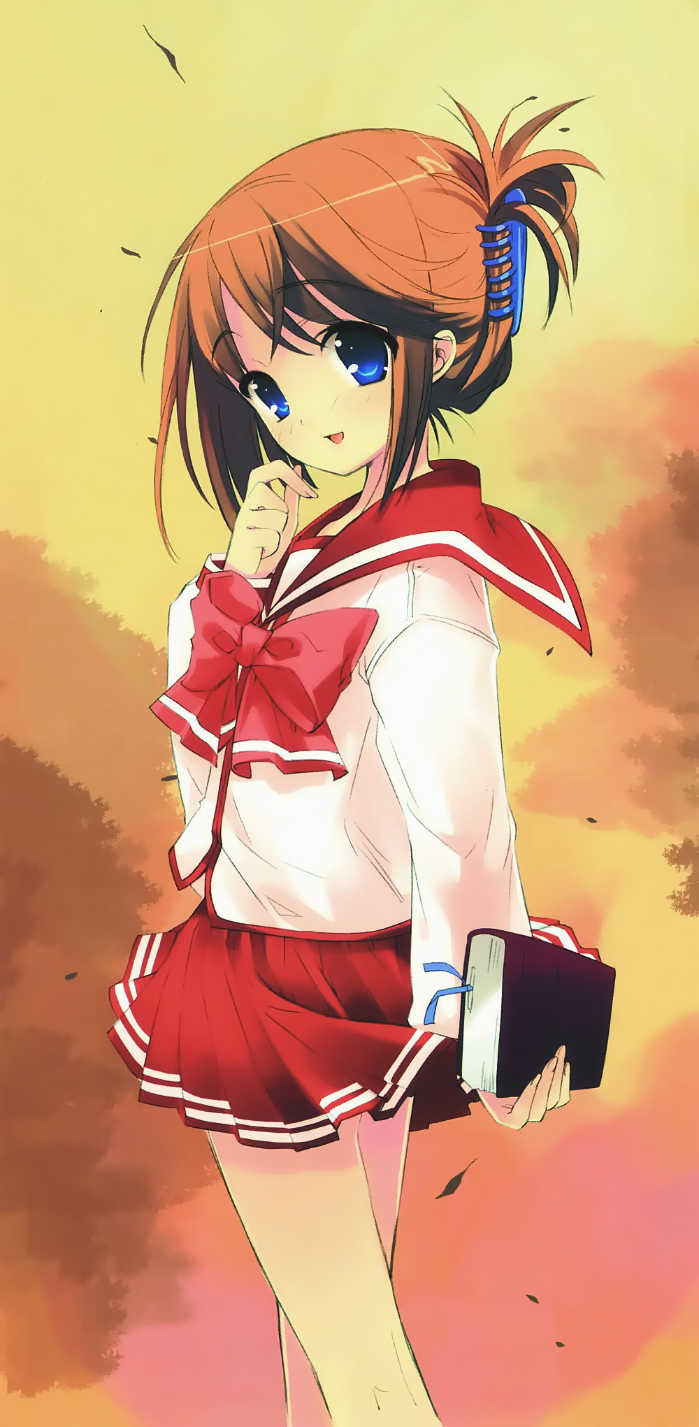 ito noizi, komaki manaka, to heart (series), to heart 2, highres, 00s, 1girl, blue eyes, brown hair, female focus, folded ponytail, school uniform, serafuku, solo