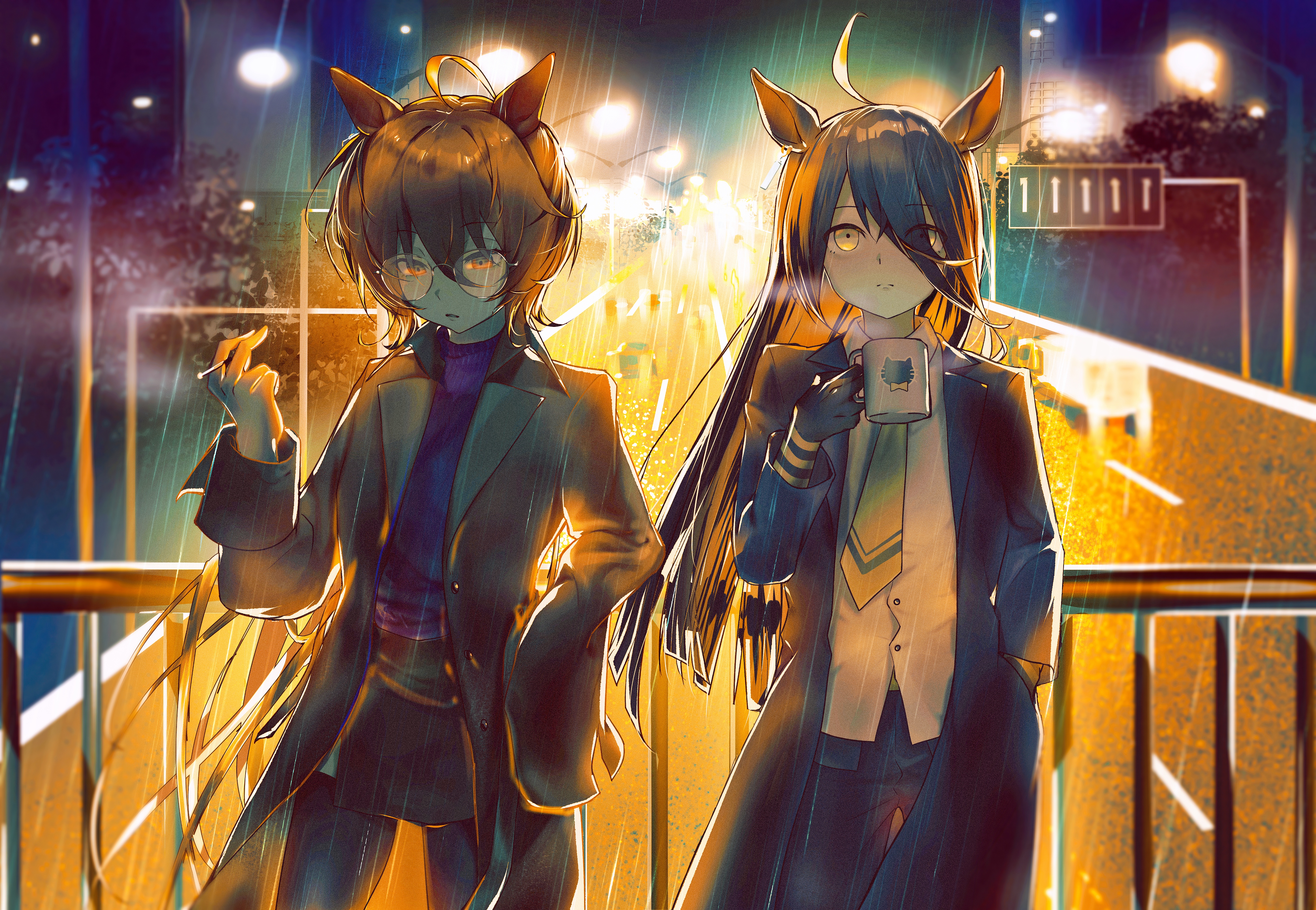 agnes tachyon (umamusume), manhattan cafe (umamusume), umamusume, absurdres, highres, 2girls, ahoge, animal ears, black coat, black pants, blue pants, blue sweater, box truck, bridge, brown coat, cigarette, coat, collared shirt, ear ornament, ear tag, earrings, expressionless, glasses, hair between eyes, hand in pocket, hand up, holding, holding cigarette, horse ears, horse girl, horse tail, jewelry, lamppost, long hair, long hair between eyes, long sleeves, motor vehicle, multicolored hair, multiple girls, necktie, pants, parted lips, pedestrian bridge, railing, red eyes, red skirt, road, shirt, single earring, skirt, sleeves past fingers, sleeves past wrists, smoke, standing, steam, sweater, tail, truck, turtleneck, turtleneck sweater, user kwje4244, very long hair, white hair, white shirt, yellow eyes, yellow necktie