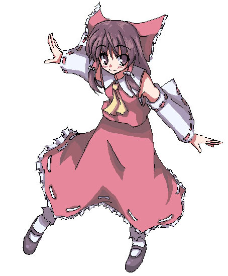 akiyasu, hakurei reimu, touhou, jpeg artifacts, 1girl, ascot, bow, brown eyes, brown hair, detached sleeves, female focus, full body, hair bow, hair tubes, long skirt, ribbon trim, shoes, skirt, smile, solo, touhuya, white background
