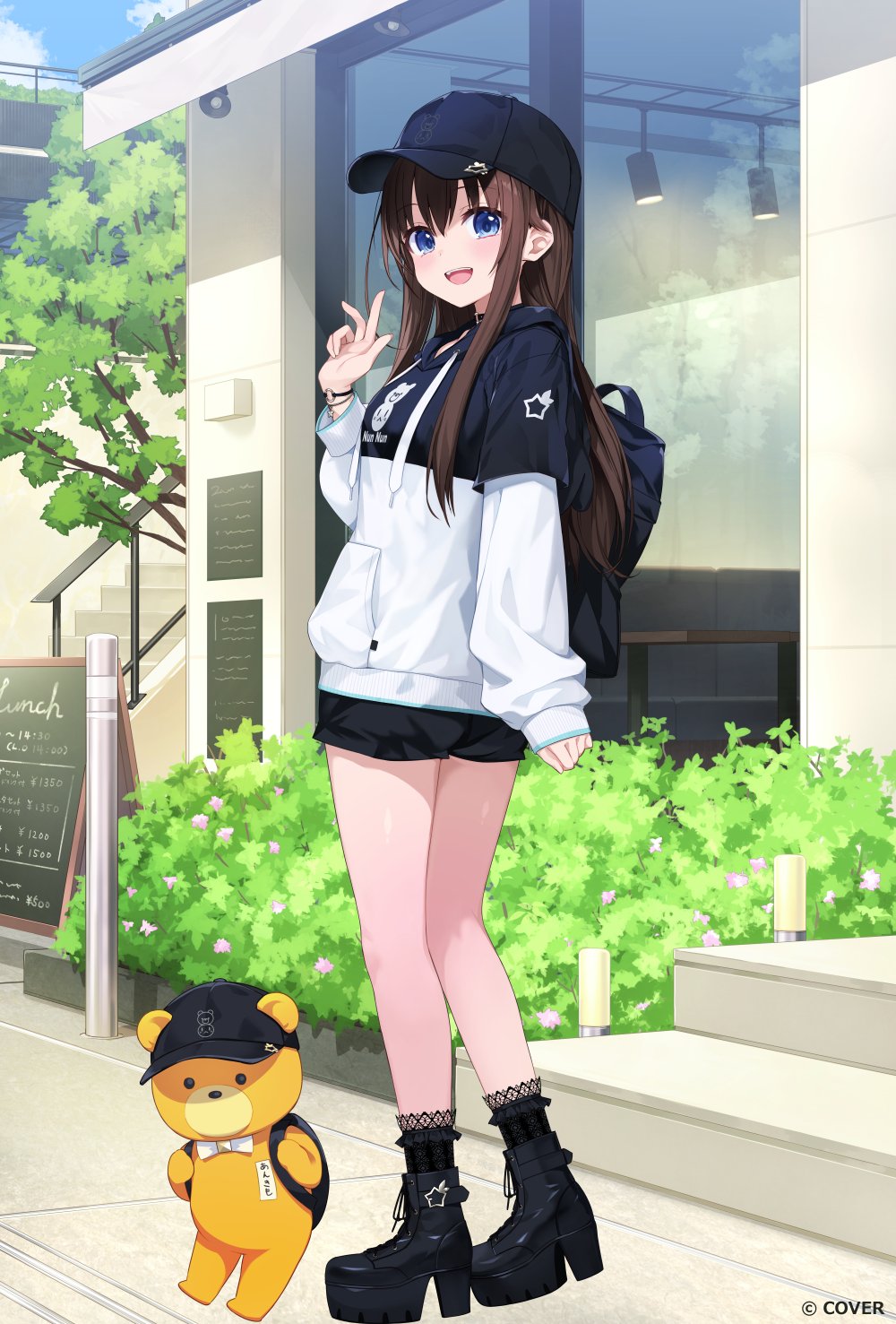 amagai tarou, ankimo (tokino sora), tokino sora, tokino sora (hoodie), hololive, commentary request, highres, official art, 1girl, :d, backpack, bag, baseball cap, black choker, black hoodie, black shoes, black shorts, blue eyes, boots, brown hair, choker, copyright notice, day, full body, hat, hood, hoodie, lace socks, long hair, looking at viewer, official alternate costume, official alternate hairstyle, open mouth, outdoors, platform boots, shoes, short shorts, shorts, smile, solo, standing, two-tone hoodie, virtual youtuber, white hoodie