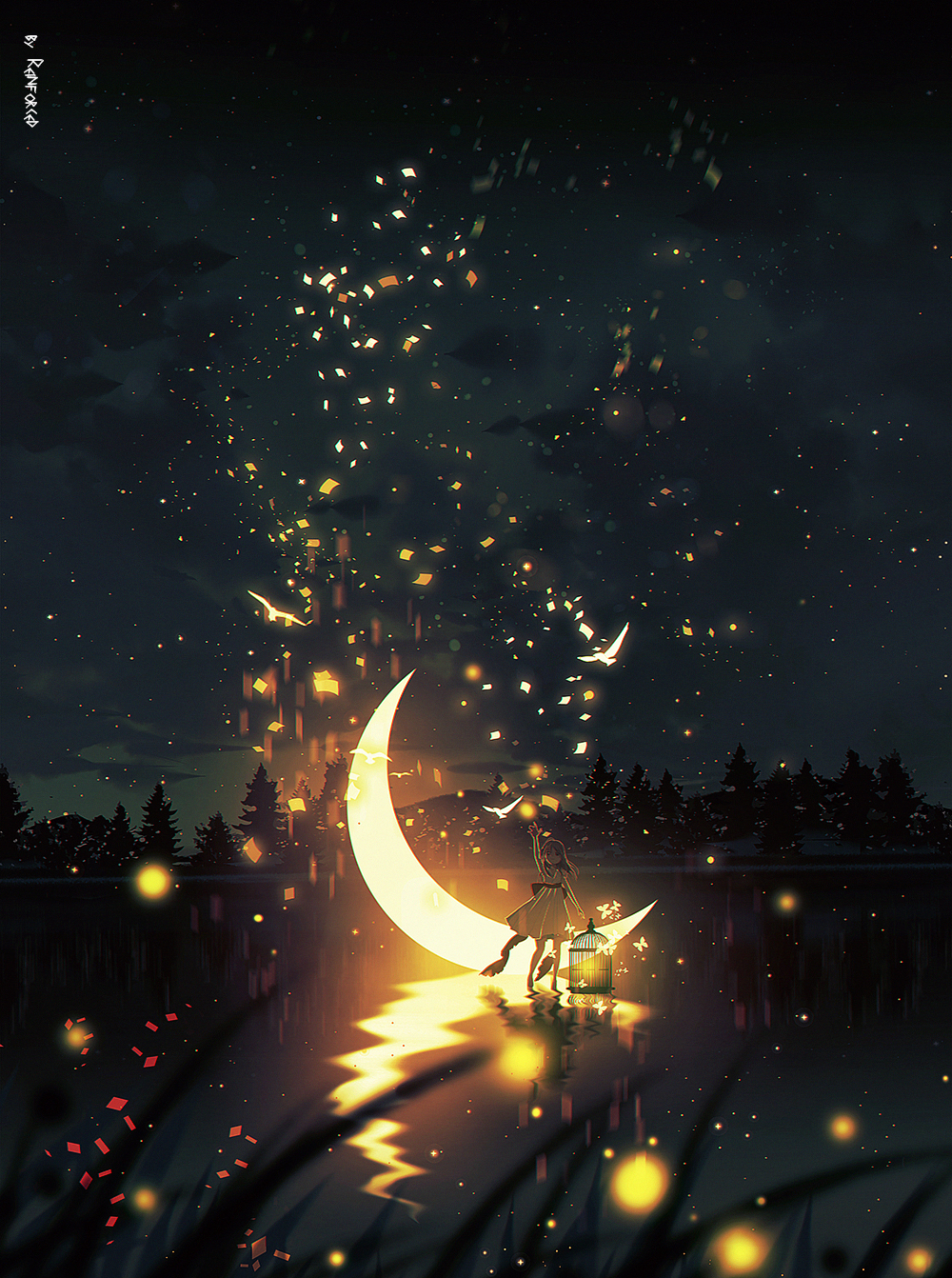 reinforced, original, highres, 1girl, arm up, bird, birdcage, bug, cage, cloud, crescent moon, dress, fireflies, firefly, flying, forest, holding, insect, long hair, moon, nature, night, night sky, outdoors, reflection, reflective water, ribbon, scenery, sky, solo, star (sky), starry sky, tree, water, white dress