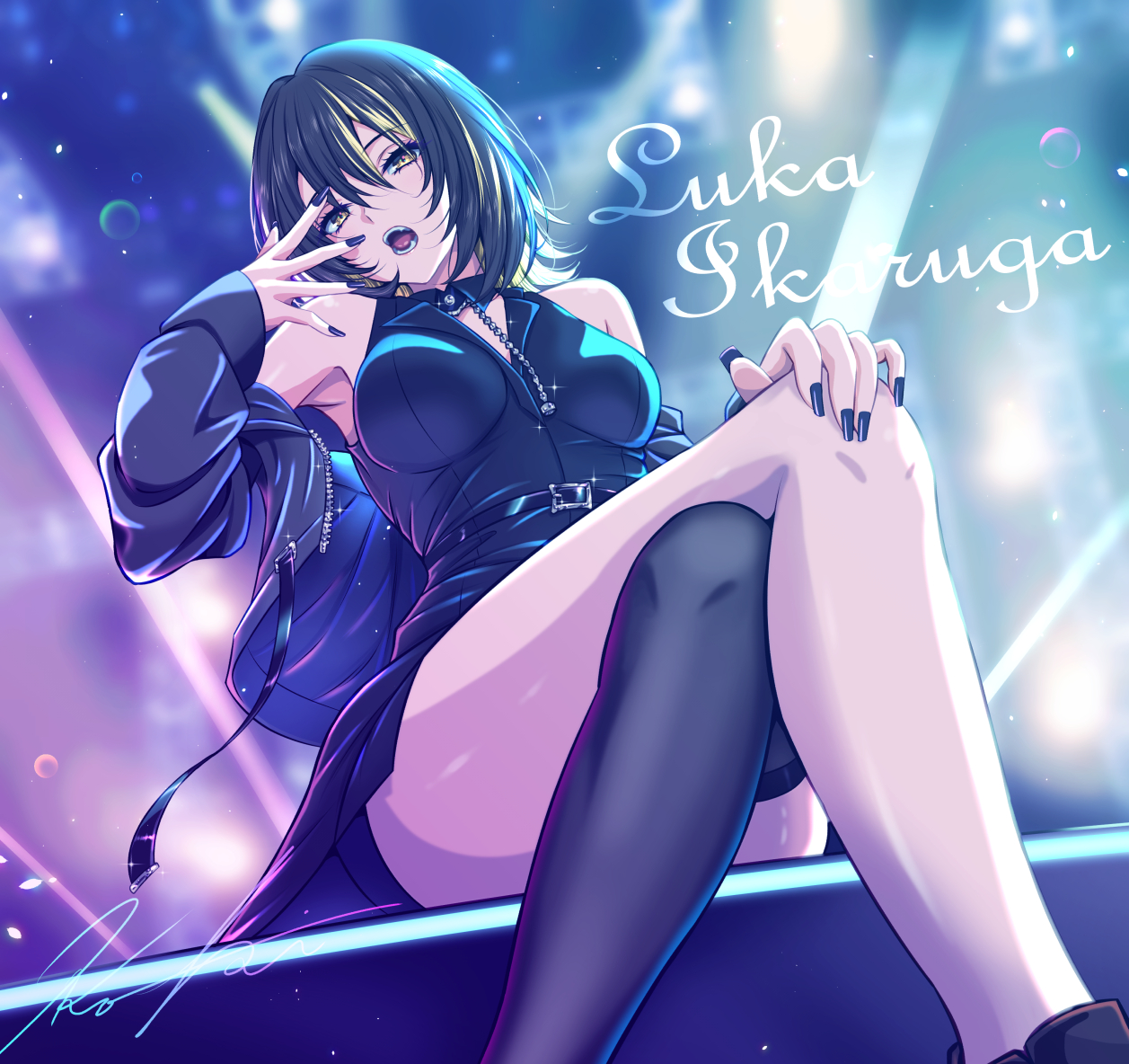 koya (koya x 00), ikaruga luca, idolmaster, idolmaster shiny colors, 1girl, belt, belt buckle, black belt, black hair, black jacket, black nails, black thighhighs, blonde streaks, breasts, buckle, character name, colored inner hair, crossed legs, fingernails, hand on own knee, hand up, jacket, long fingernails, looking at viewer, medium hair, multicolored hair, nail polish, open clothes, open jacket, open mouth, shirt, single thighhigh, sitting, sleeveless, sleeveless shirt, solo, streaked hair, thighhighs, yellow eyes
