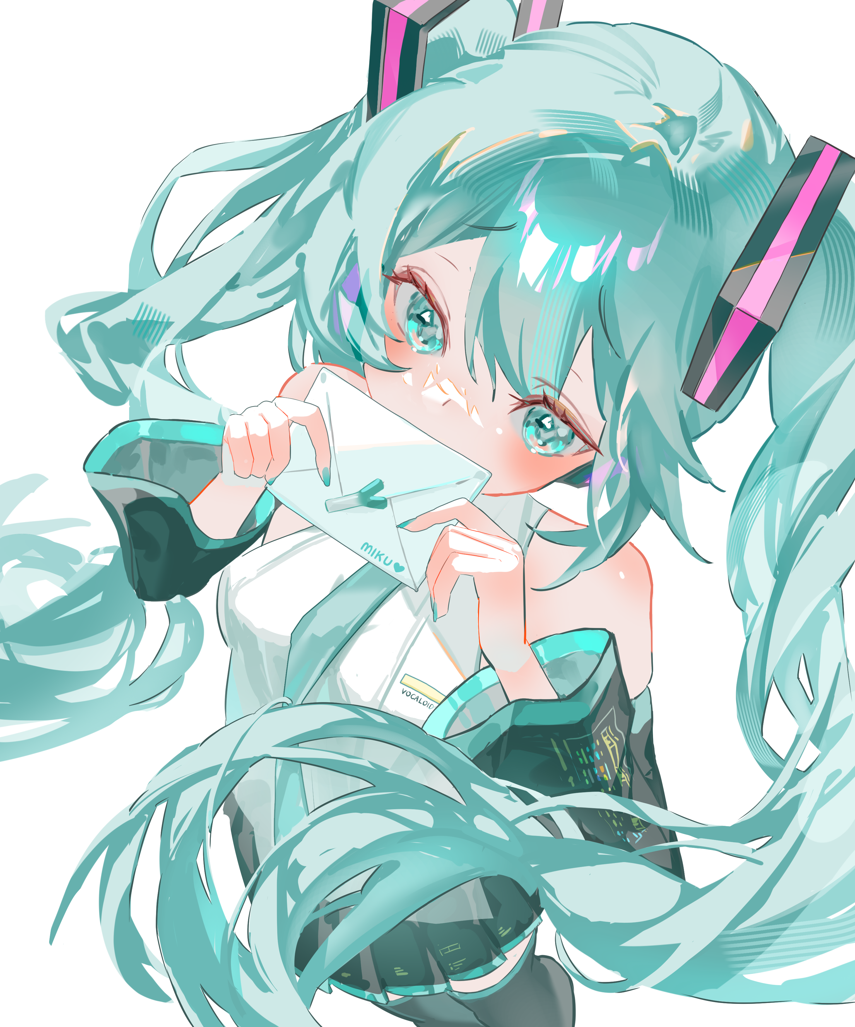 minyami (hia8038), hatsune miku, vocaloid, absurdres, highres, 1girl, aqua eyes, aqua hair, aqua nails, aqua necktie, aqua trim, black skirt, detached sleeves, hair between eyes, hair ornament, heart, heart in eye, holding, holding letter, letter, long sleeves, miniskirt, necktie, pleated skirt, shirt, simple background, skirt, sleeveless, sleeveless shirt, spring onion, symbol in eye, white background, white shirt, wide sleeves
