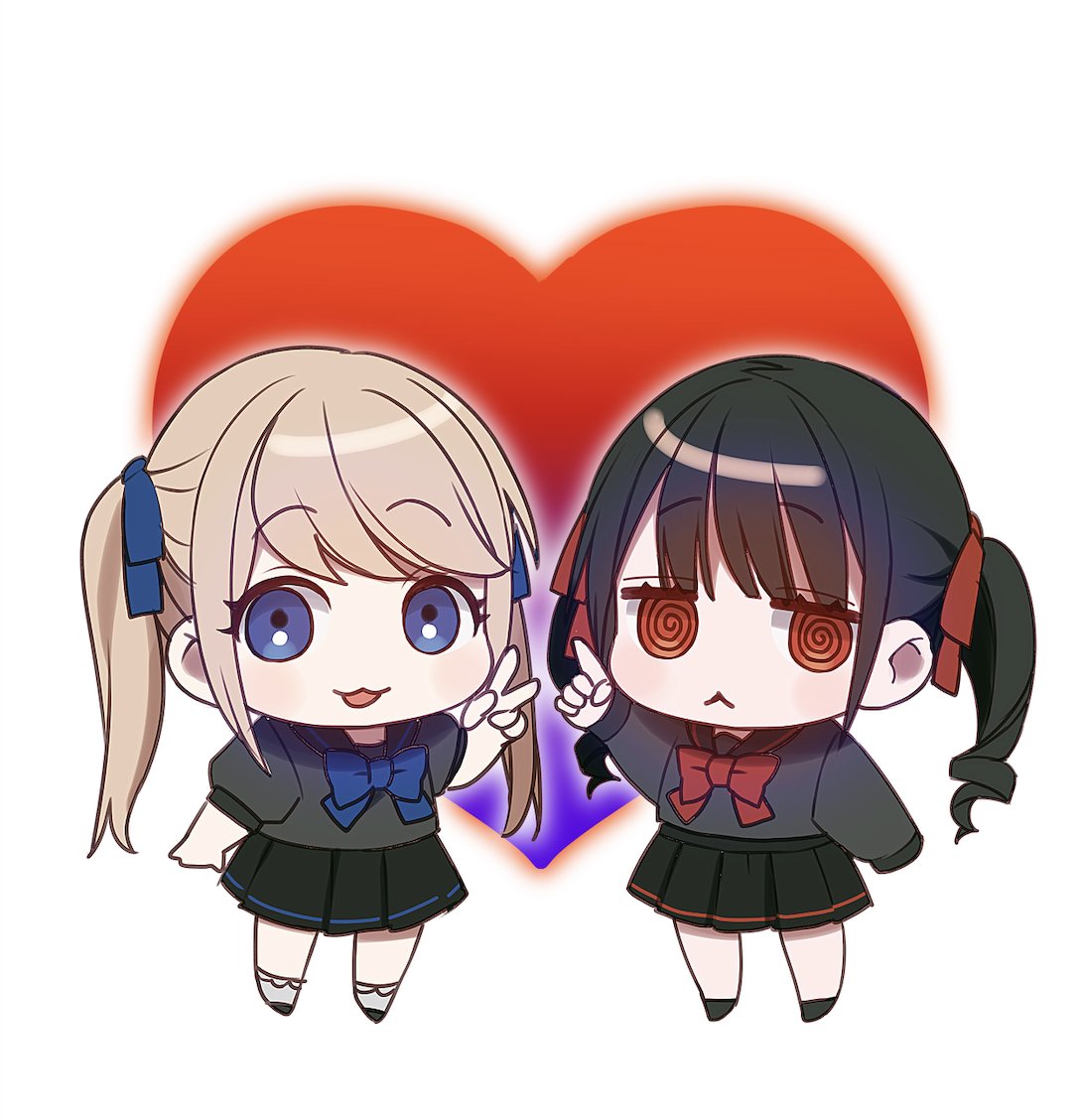 ryon (ryonhei), chihara mai, jirai nan desu ka? chihara-san, character request, commentary request, second-party source, 2girls, :<, :3, black hair, black shirt, black skirt, blonde hair, blue bow, blue bowtie, blue eyes, blue ribbon, bow, bowtie, chibi, chibi only, closed mouth, hair ribbon, heart, heart background, long hair, looking at viewer, multiple girls, open mouth, pleated skirt, red bow, red bowtie, red eyes, ribbon, ringed eyes, school uniform, shirt, sidelocks, skirt, smile, twintails, upper body, white background