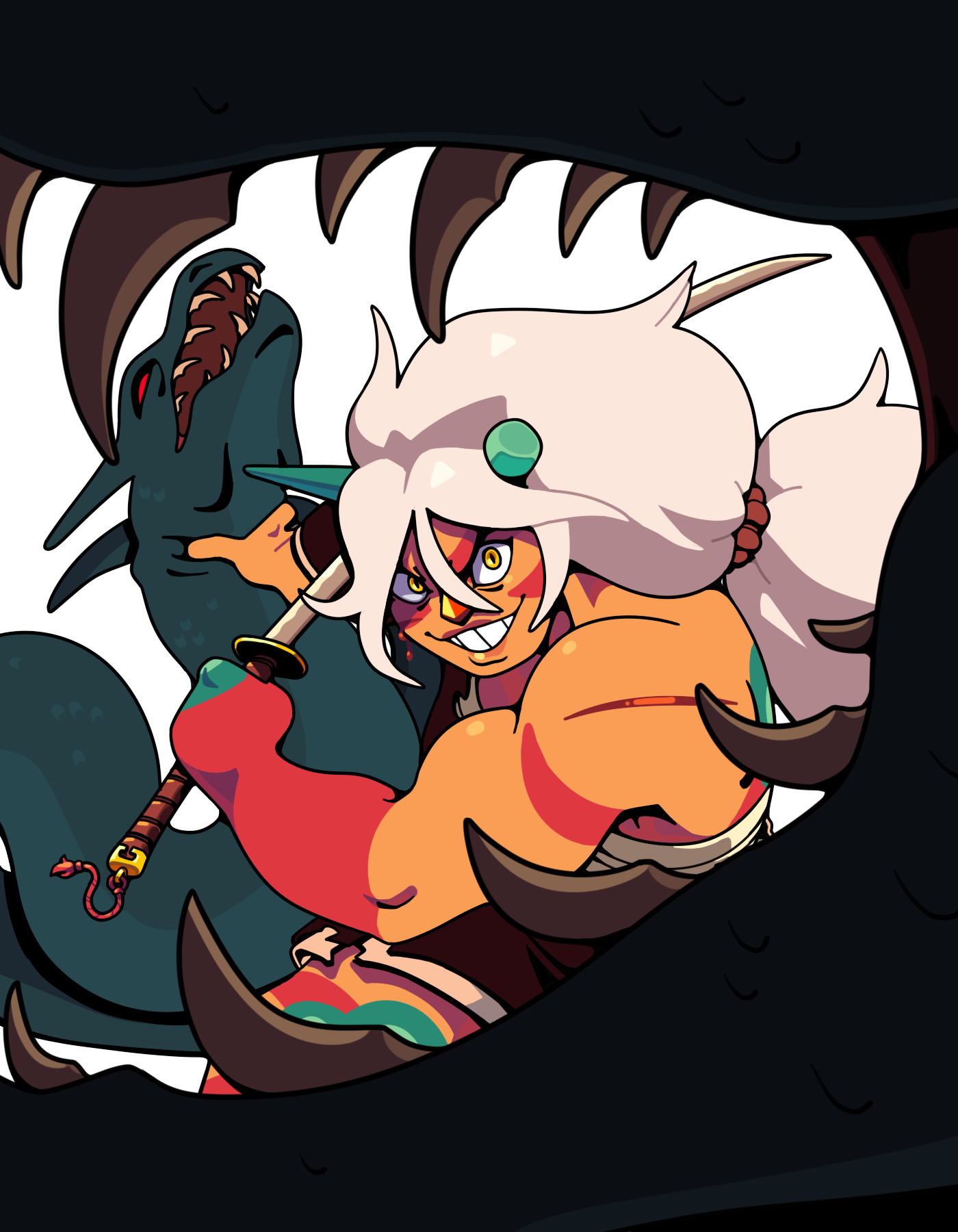 discount-supervillain, jasper (steven universe), steven universe, highres, 1girl, alternate costume, broken horn, colored skin, gem, green horns, horns, jasper (post-corruption) (steven universe), jasper (species) (steven universe), long hair, multicolored skin, muscular, muscular female, orange skin, smile, spots, steven universe: future, very long hair, yellow eyes