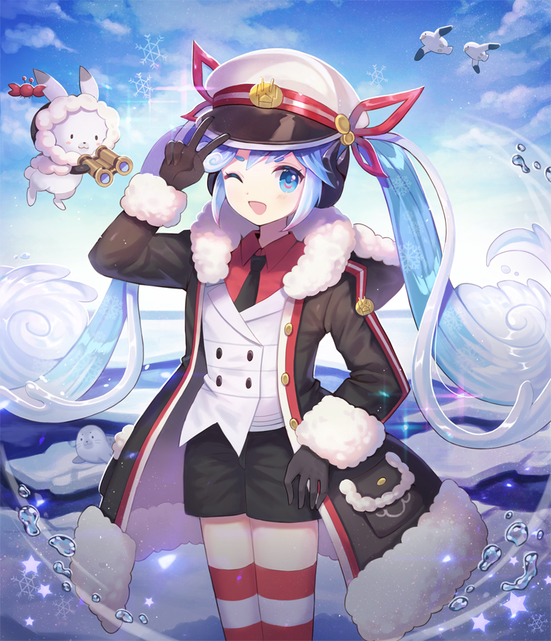 lunaticmed, hatsune miku, rabbit yukine, yuki miku, yuki miku (2022), vocaloid, 1girl, 1other, aqua eyes, aqua hair, arm up, binoculars, black coat, black gloves, black necktie, black shorts, buttons, coat, collared shirt, double-breasted, fur-trimmed coat, fur-trimmed sleeves, fur trim, gloves, hair ribbon, hat, holding, holding binoculars, long hair, necktie, open clothes, open coat, open mouth, peaked cap, rabbit, red ribbon, red shirt, ribbon, sailor hat, seal (animal), shirt, short shorts, shorts, snowflake print, striped clothes, striped thighhighs, thighhighs, twintails, very long hair