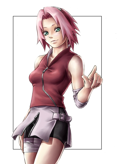 haruno sakura, naruto (classic), naruto (series), naruto shippuuden, artist request, 1girl, bare shoulders, bike shorts, breasts, collarbone, cowboy shot, female focus, green eyes, headband, headdress, impossible clothes, impossible shirt, light smile, looking at viewer, miniskirt, pink hair, pink skirt, pointing, red shirt, shirt, short hair, shorts, shorts under skirt, side slit, skirt, sleeveless, sleeveless shirt, smile, solo, spandex, white background, zipper
