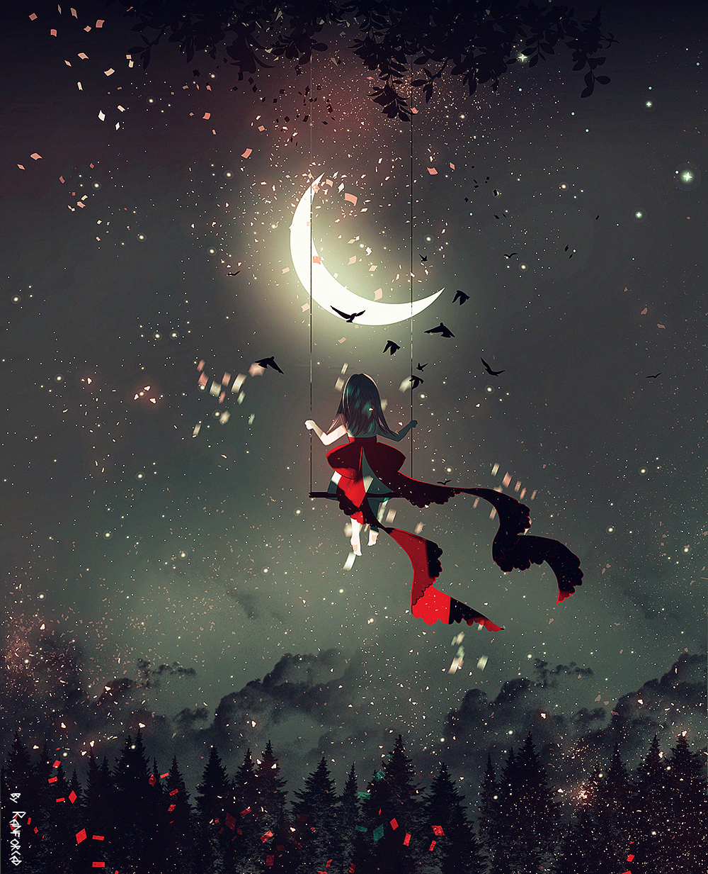 reinforced, original, highres, 1girl, bug, cloud, crescent moon, dress, fireflies, firefly, floating, flying, forest, from behind, half moon, insect, leaf, long hair, moon, moonlight, nature, night, night sky, outdoors, red ribbon, ribbon, sitting, sky, sleeveless, sleeveless dress, solo, star (sky), starry sky, tree, waist ribbon, white dress, wind