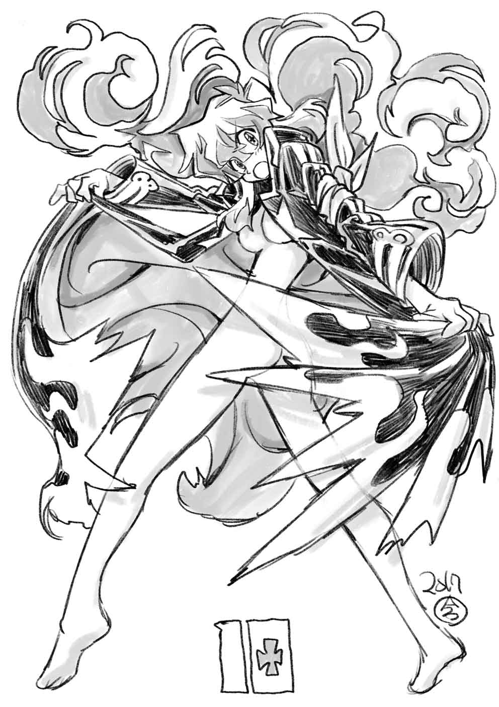 imaishi hiroyuki, nia teppelin, tengen toppa gurren lagann, highres, official art, 1girl, ass, barefoot, borrowed clothes, breasts, coat, convenient censoring, cross-shaped pupils, dated, feet, flame print, jacket, long hair, long sleeves, medium breasts, monochrome, naked coat, nude, open clothes, open jacket, open mouth, simple background, solo, symbol-shaped pupils, underboob, very long hair