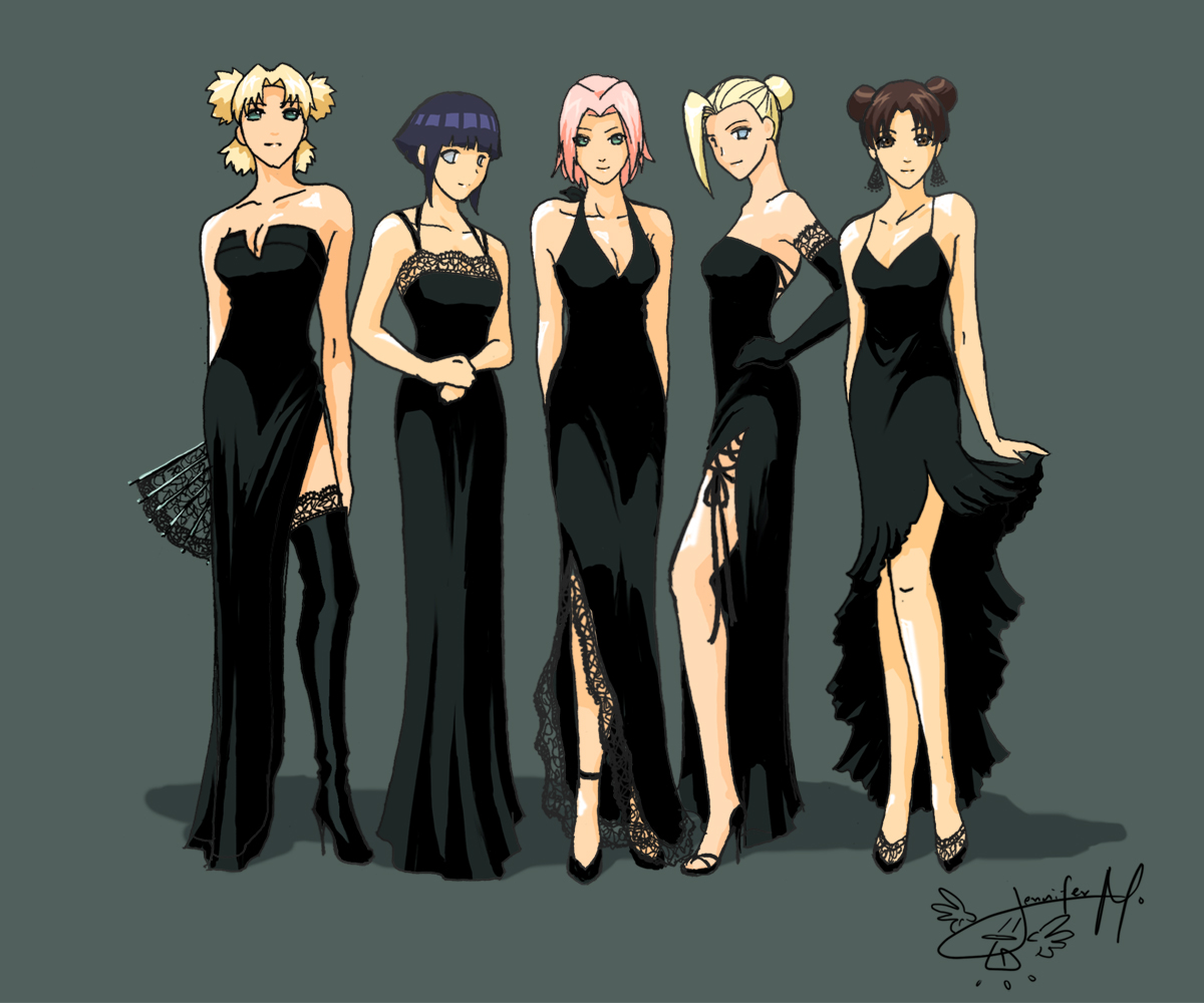 haruno sakura, hyuuga hinata, temari (naruto), tenten (naruto), yamanaka ino, naruto (classic), naruto (series), black footwear, hands together, artist request, 5girls, alternate costume, arm behind back, arms behind back, bare shoulders, black dress, black gloves, blonde hair, blue hair, blunt bangs, boots, breasts, brown eyes, brown hair, cleavage, collarbone, contemporary, double bun, dress, earrings, elbow gloves, female focus, folding fan, formal clothes, full body, gloves, hair bun, halterneck, hand fan, hand on own hip, high heel boots, high heels, holding, jewelry, lace, lace-trimmed dress, lace-trimmed gloves, lace trim, large breasts, light smile, long dress, looking at viewer, medium breasts, multiple girls, no pupils, pink hair, shadow, shiny skin, shoes, side slit, signature, simple background, sleeveless, sleeveless dress, smile, standing, strapless, strapless dress, thigh boots, thighhighs, white eyes
