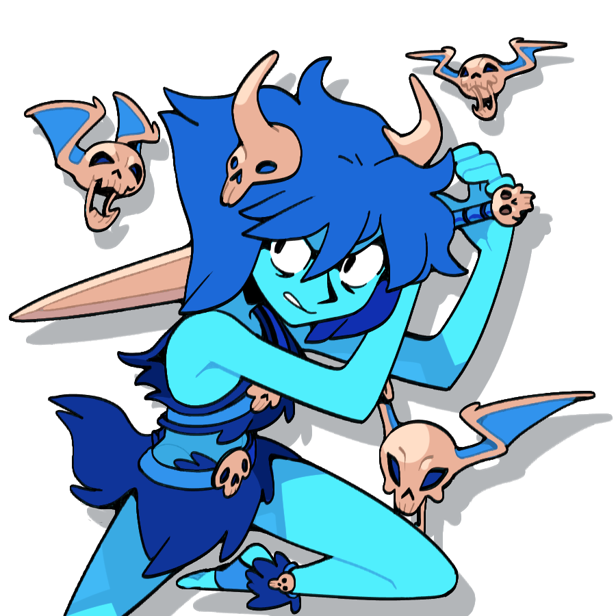 discount-supervillain, lapis lazuli (steven universe), steven universe, 1girl, alternate costume, barbarian, blue hair, blue skin, colored skin, crop top, fake horns, hair ornament, horns, lapis lazuli (species) (steven universe), midriff, short hair, simple background, skull, skull hair ornament, solo