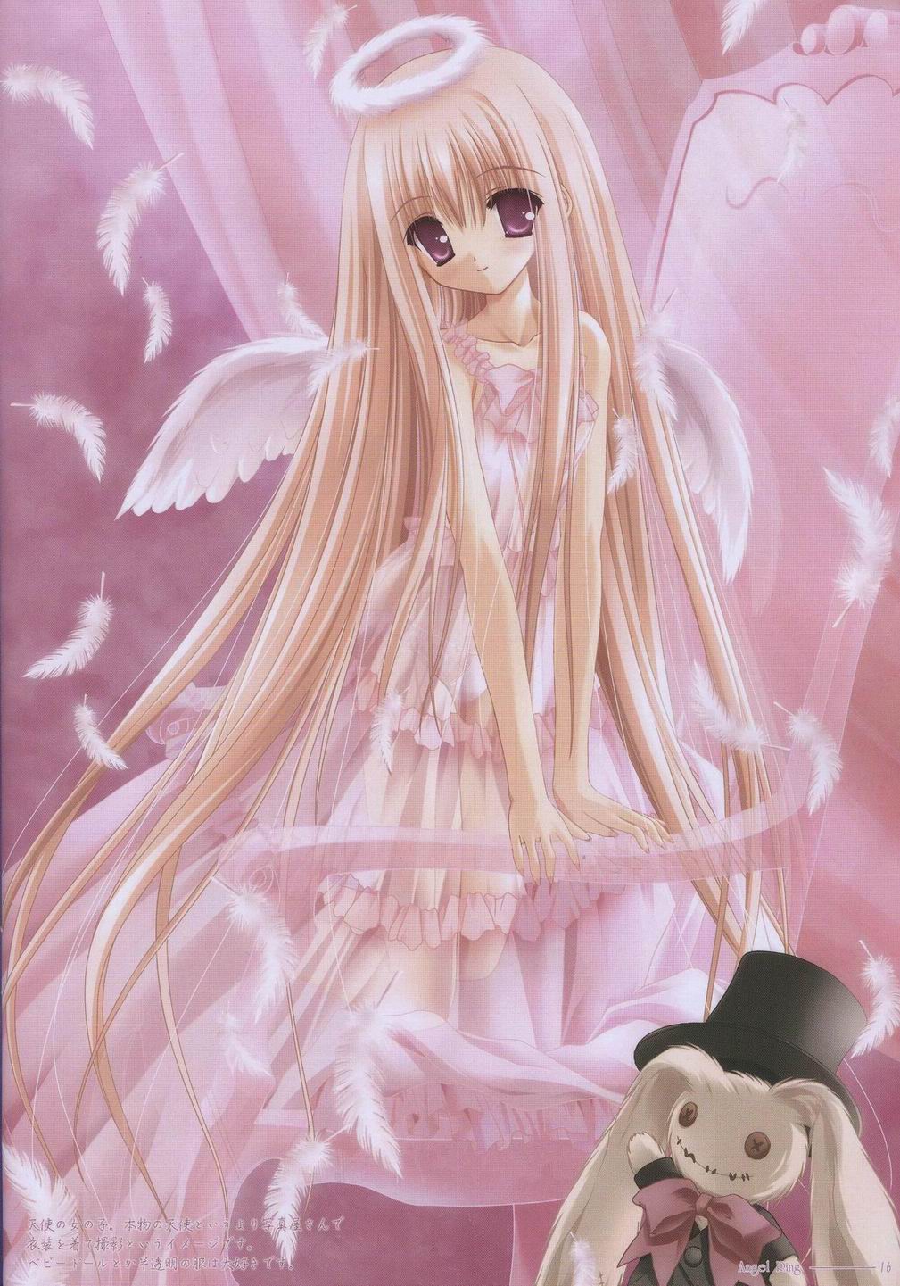 tinker bell (pixiv 10956015), angel ring (artbook), highres, 1girl, angel, angel wings, blonde hair, collarbone, doll, dress, feathers, female focus, halo, kneeling, long hair, panties, red eyes, see-through clothes, solo, traditional halo, underwear, wings