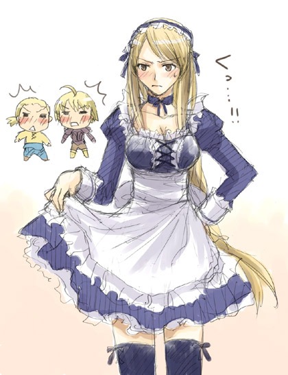 agrias oaks, mustadio bunansa, ramza beoulve, final fantasy, final fantasy tactics, 1girl, ahoge, alternate costume, apron, blonde hair, blush, bow, braid, breasts, brown eyes, choker, cleavage, enmaided, frills, large breasts, long hair, maid, maid apron, maid headdress, oekaki, ponytail, thighhighs, yellow eyes, zettai ryouiki