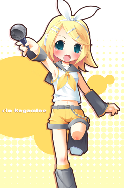 pu-en, kagamine rin, kagamine rin (if), vocaloid, 1girl, :o, belt, blonde hair, blouse, blue eyes, blush, bow, detached sleeves, female focus, hair ornament, hairclip, headphones, leg lift, leg warmers, m/, microphone, open mouth, shirt, shoes, shorts, sleeveless, sleeveless shirt, solo, standing, standing on one leg, white shirt