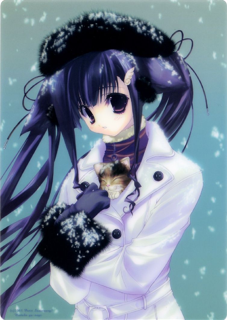 yuunagi futaba, scan, 1girl, animal ears, belt, cat, cat ears, coat, female focus, gloves, hat, long hair, purple eyes, purple hair, shitajiki, snow, snowing, solo, twintails