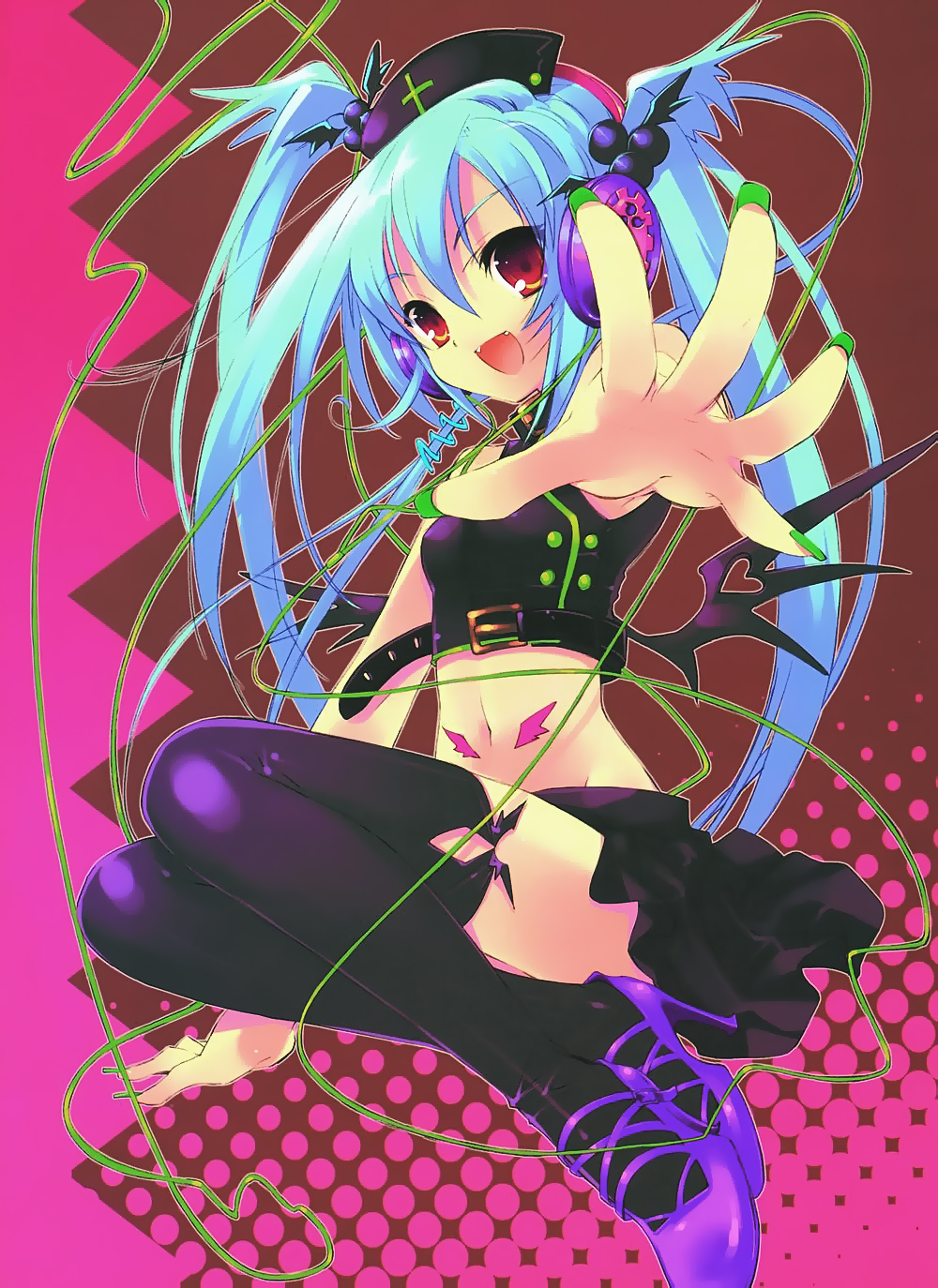 ito noizi, highres, blue hair, headphones, midriff, miniskirt, skirt, solo, thighhighs, twintails, zettai ryouiki